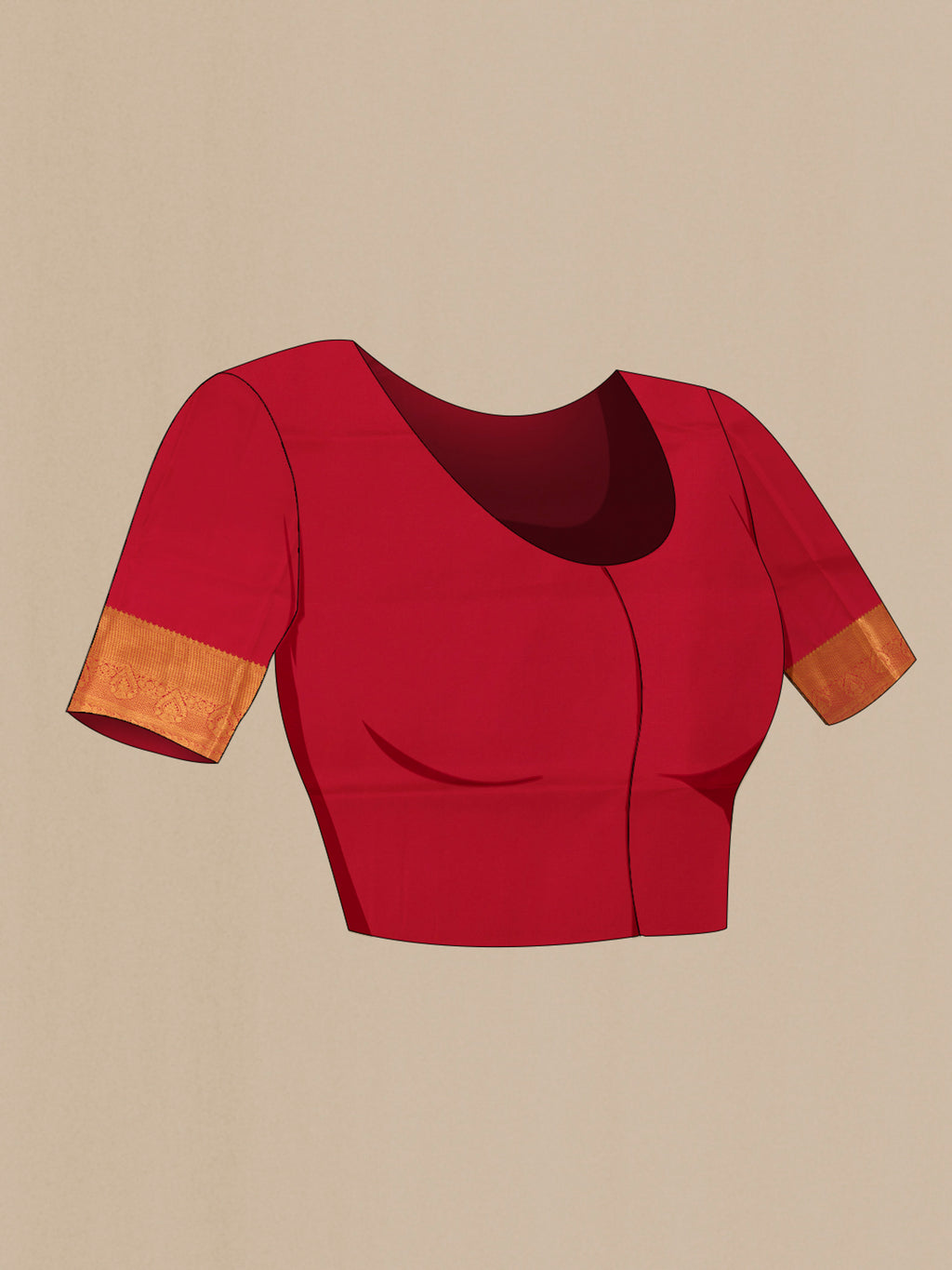 Close up image of the blouse of Red Kanjivaram Silk Saree with Zari Brocade on the body and Zari Border. 
