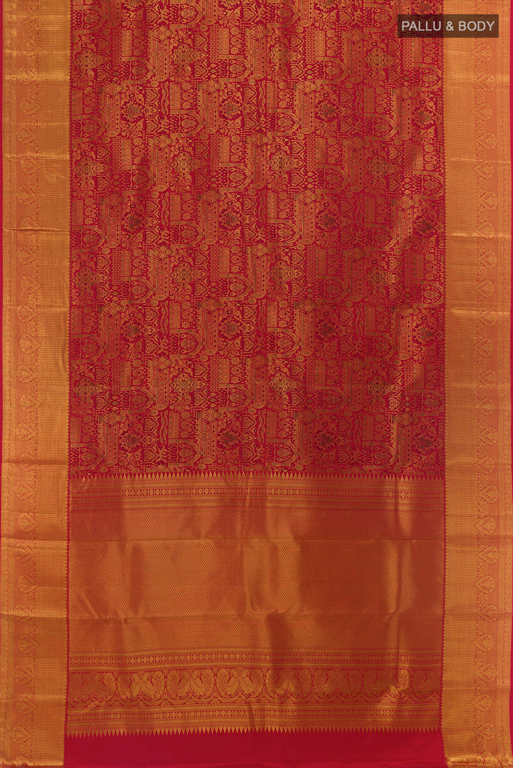 Flat view of Red Kanjivaram Silk Saree with Zari Brocade on the body and Zari Border. 