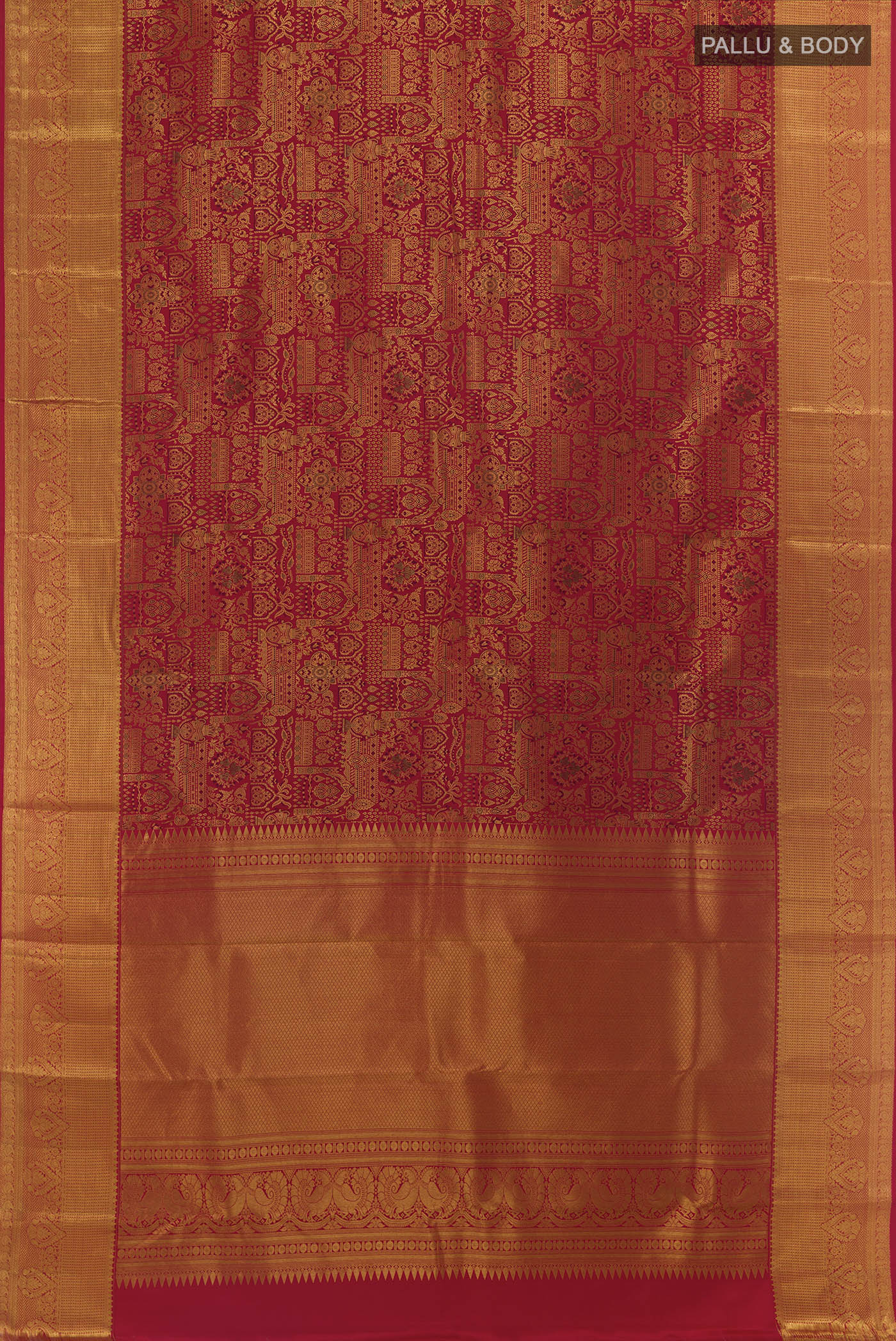 Flat view of Red Kanjivaram Silk Saree with Zari Brocade on the body and Zari Border. 