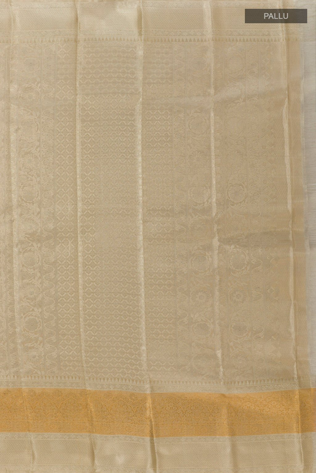 Close up image of the pallu of Silver Kanjivaram Tissue Silk Saree with Zari Brocade on the body and Zari Border. 