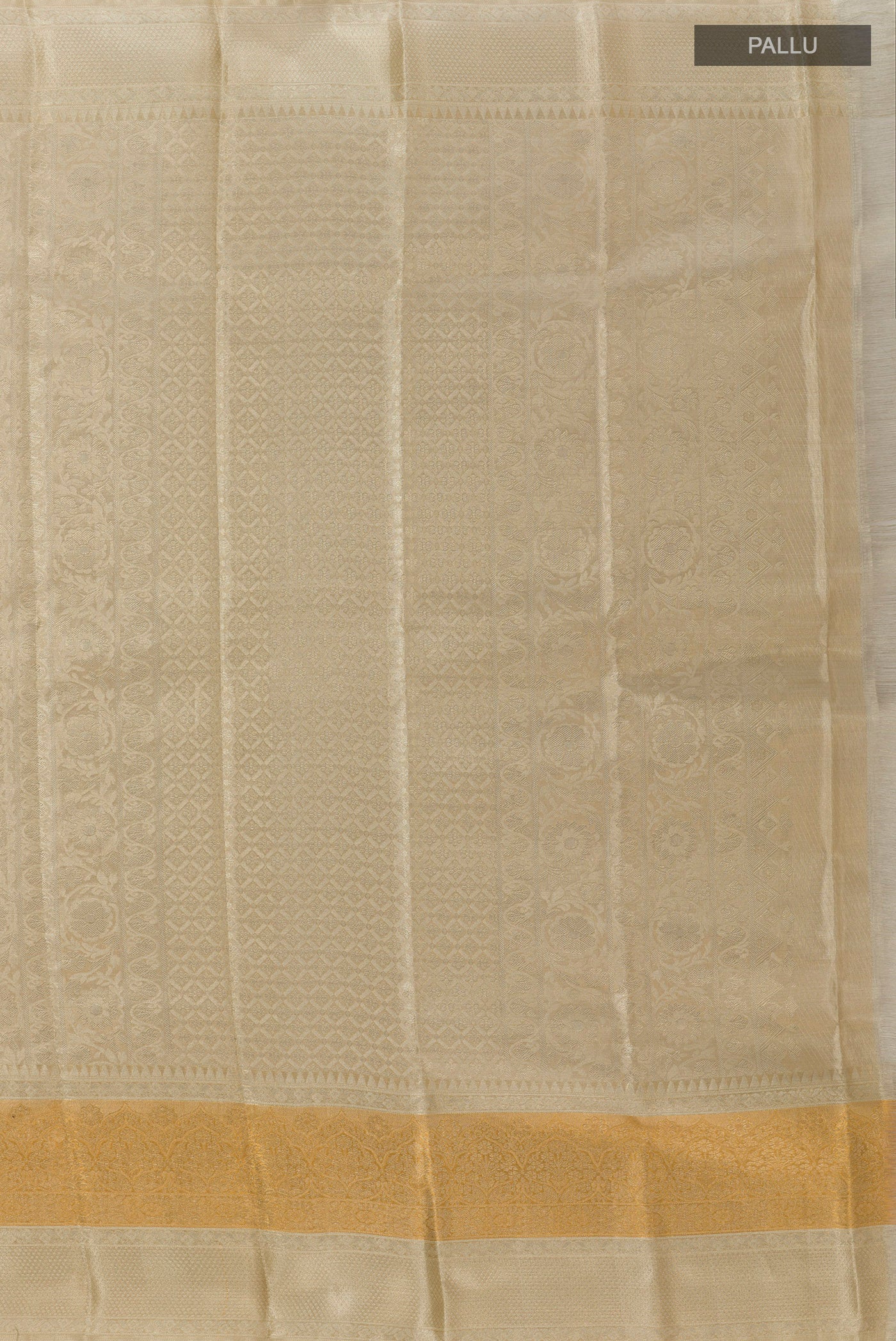 Close up image of the pallu of Silver Kanjivaram Tissue Silk Saree with Zari Brocade on the body and Zari Border. 