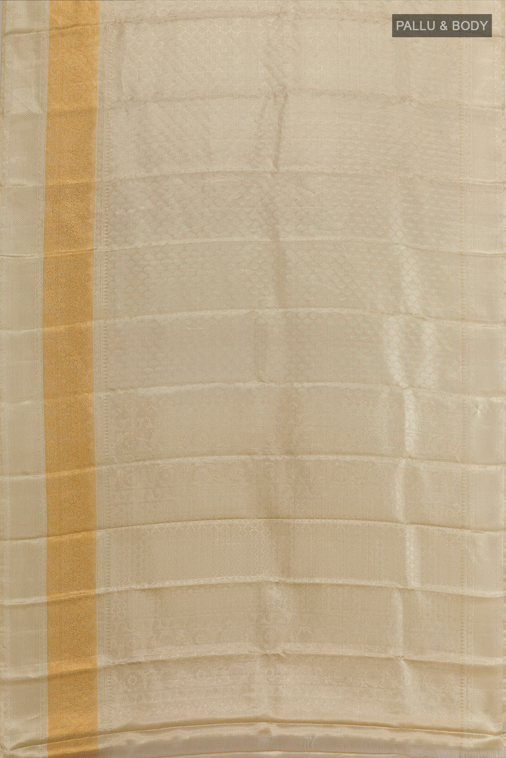 Flat view of Silver Kanjivaram Tissue Silk Saree with Zari Brocade on the body and Zari Border. 