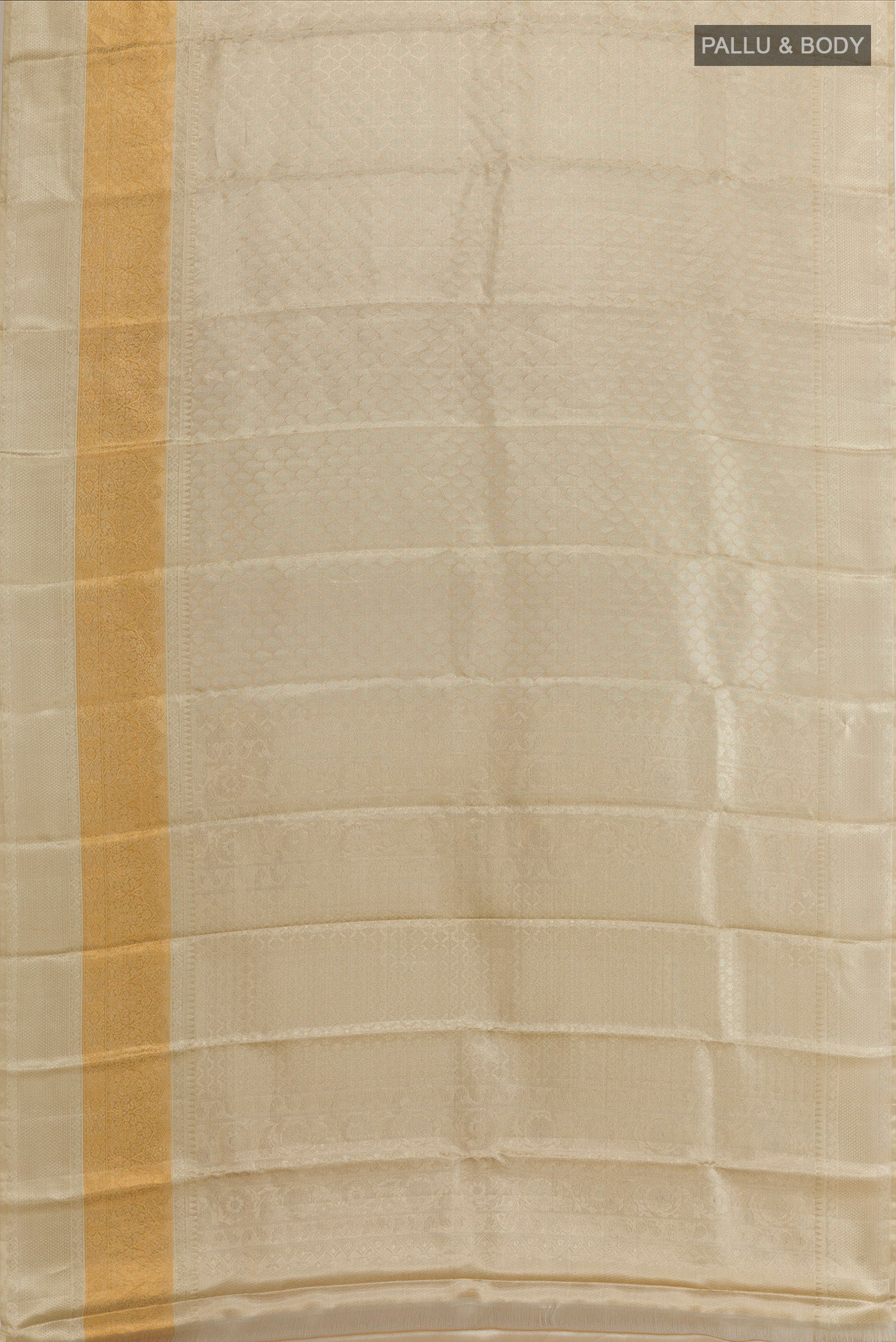 Flat view of Silver Kanjivaram Tissue Silk Saree with Zari Brocade on the body and Zari Border. 