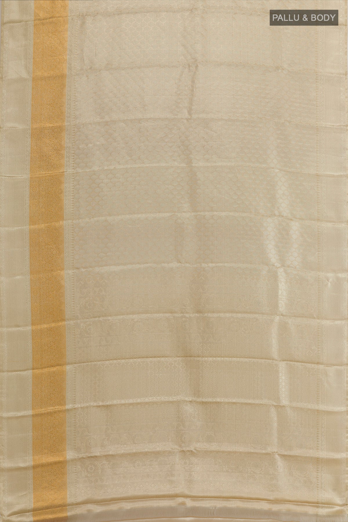 Flat view of Silver Kanjivaram Tissue Silk Saree with Zari Brocade on the body and Zari Border. 