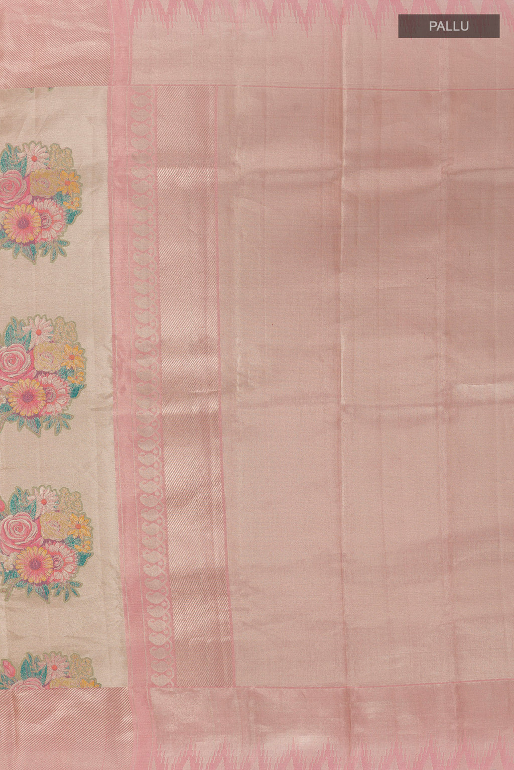 Close up image of the pallu of Golden Kanchipuram Tissue Silk Saree with Zari Brocade on the body and Zari Border. 