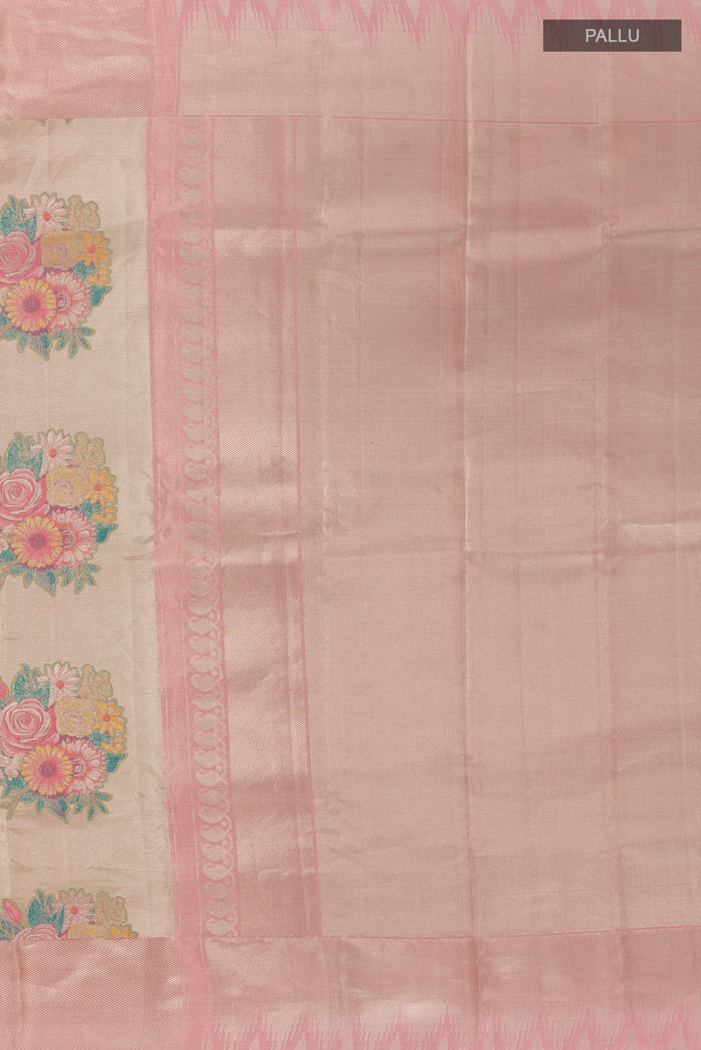 Close up image of the pallu of Golden Kanchipuram Tissue Silk Saree with Zari Brocade on the body and Zari Border. 