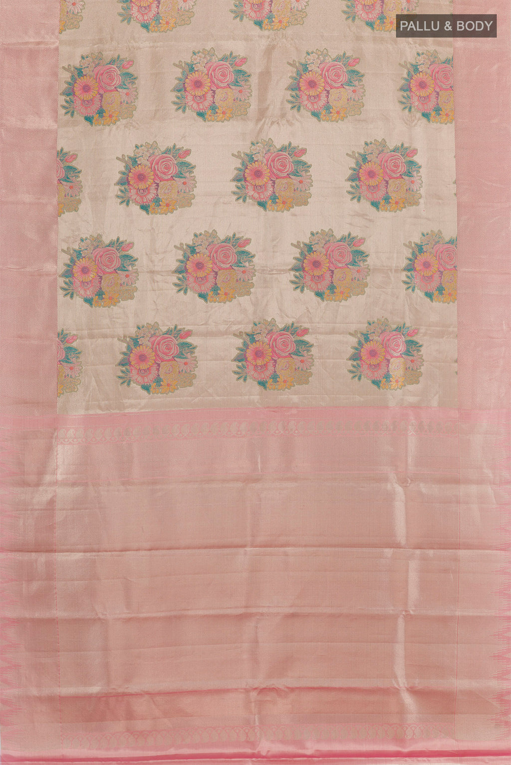 Flat view of Golden Kanchipuram Tissue Silk Saree with Zari Brocade on the body and Zari Border. 