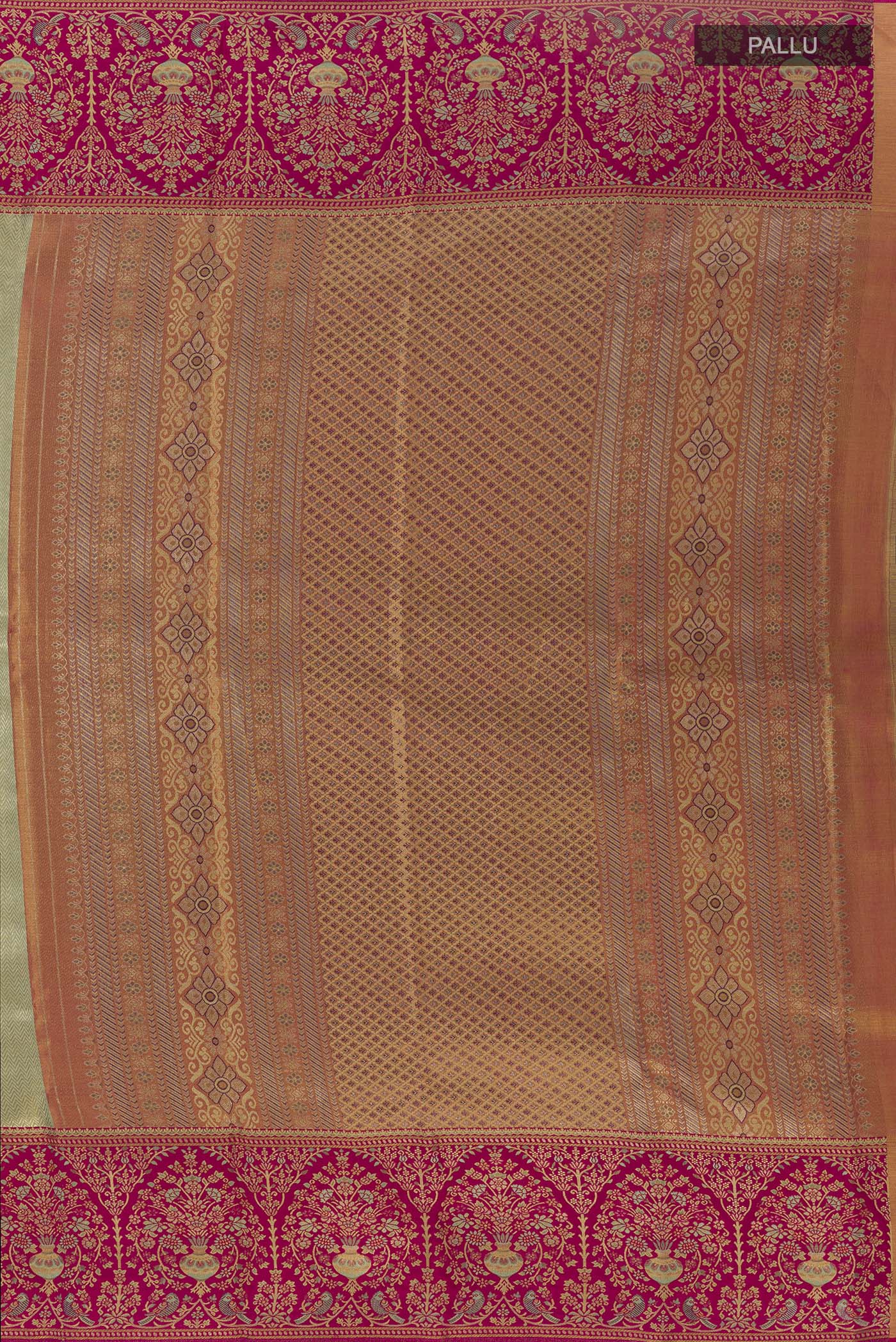 Close up image of the pallu of Light Green Kanchipuram Tissue Silk Saree with Zari Brocade on the body and Zari Border. 