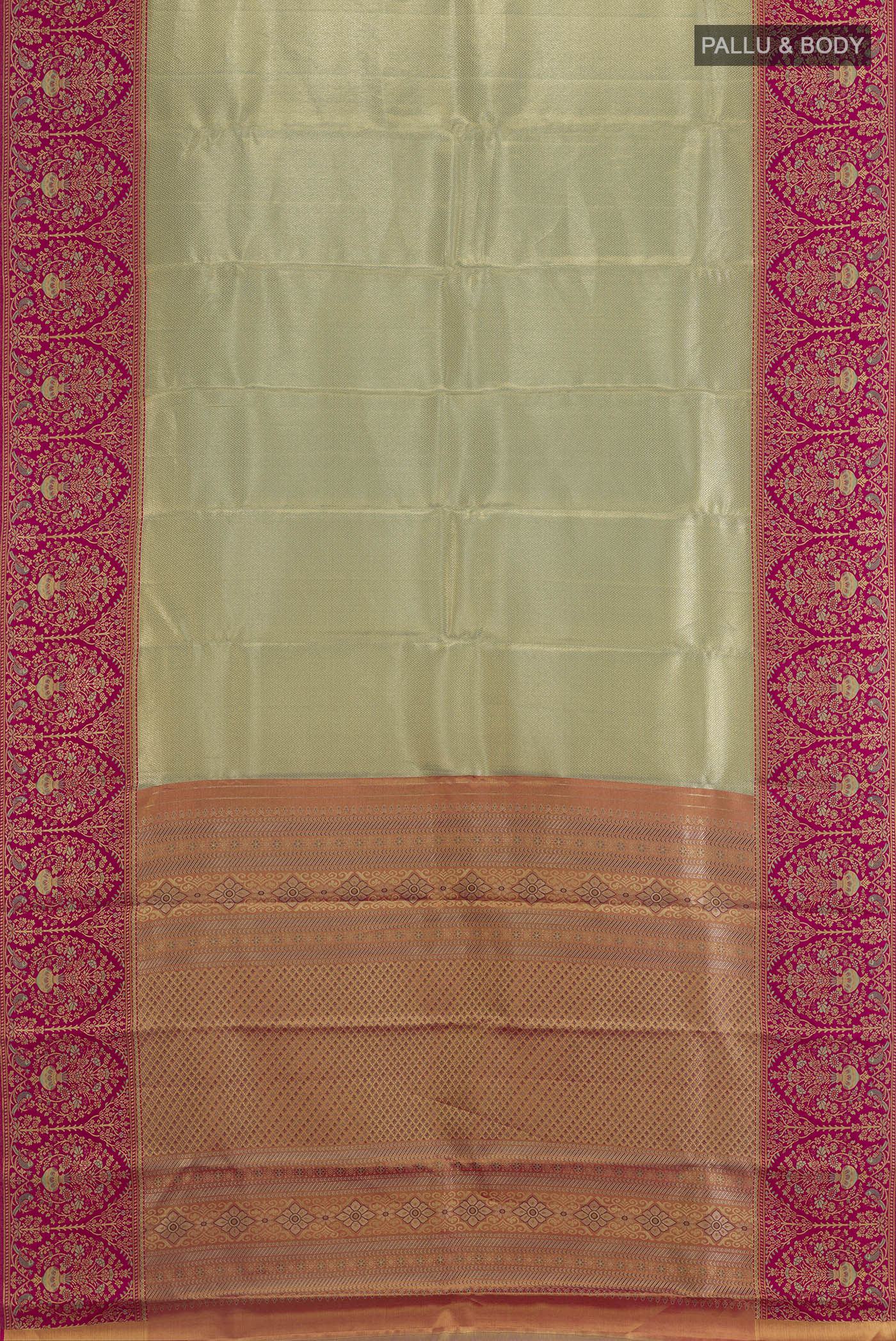 Flat view of Light Green Kanchipuram Tissue Silk Saree with Zari Brocade on the body and Zari Border. 
