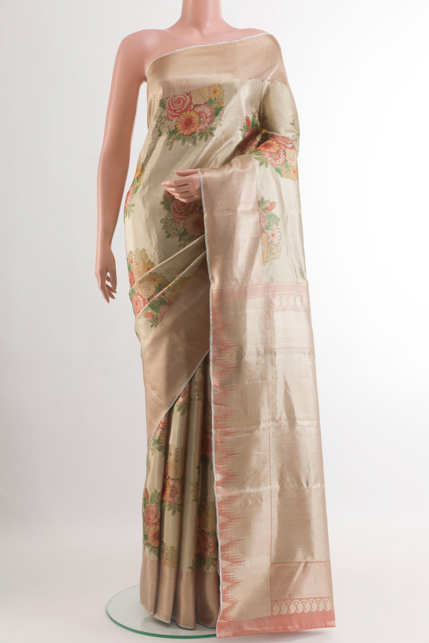 Golden Dual Tone Kanchipuram Tissue Silk Saree with Zari Brocade on the body and Zari Border.  displayed on a mannequin