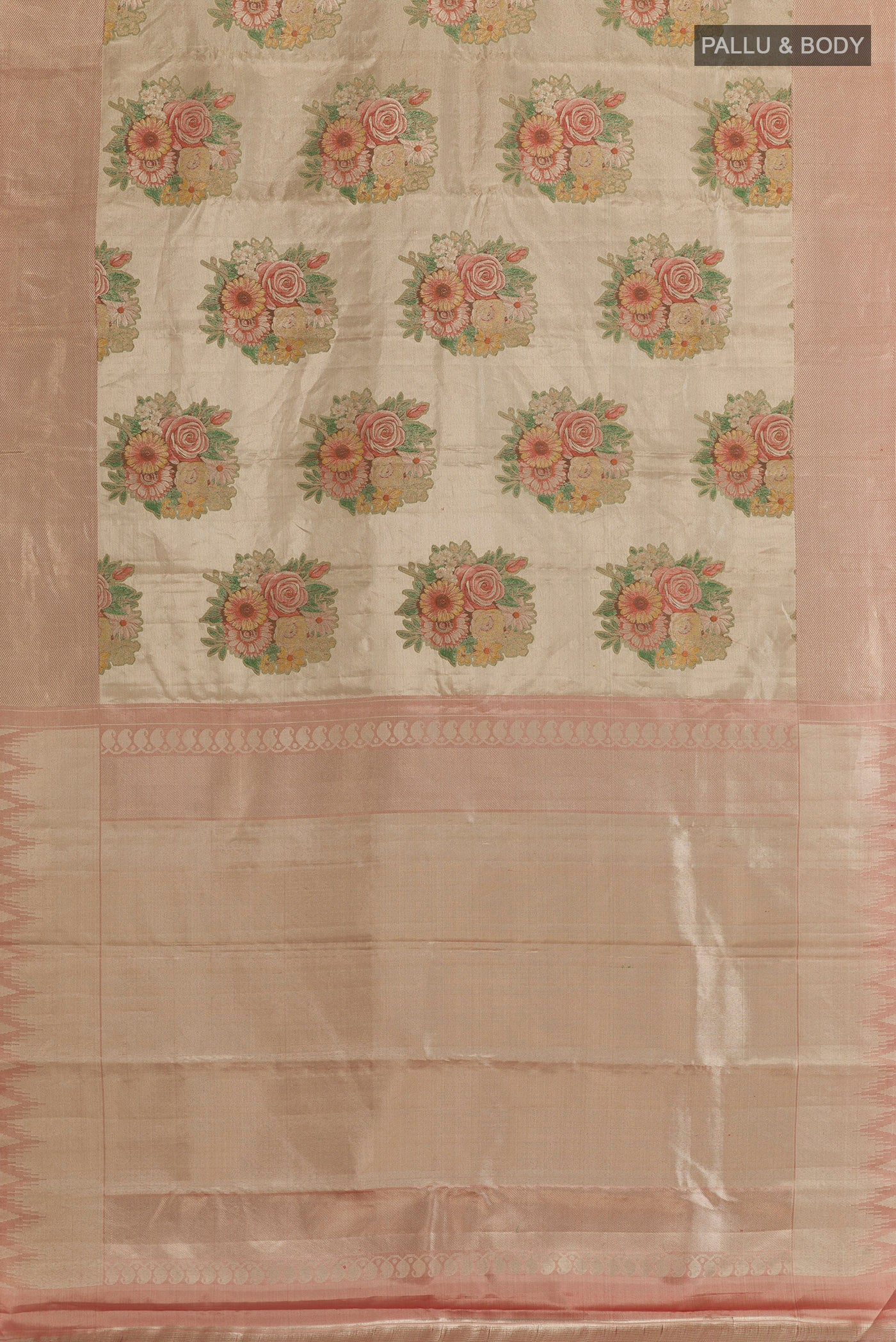 Flat view of Golden Dual Tone Kanchipuram Tissue Silk Saree with Zari Brocade on the body and Zari Border. 