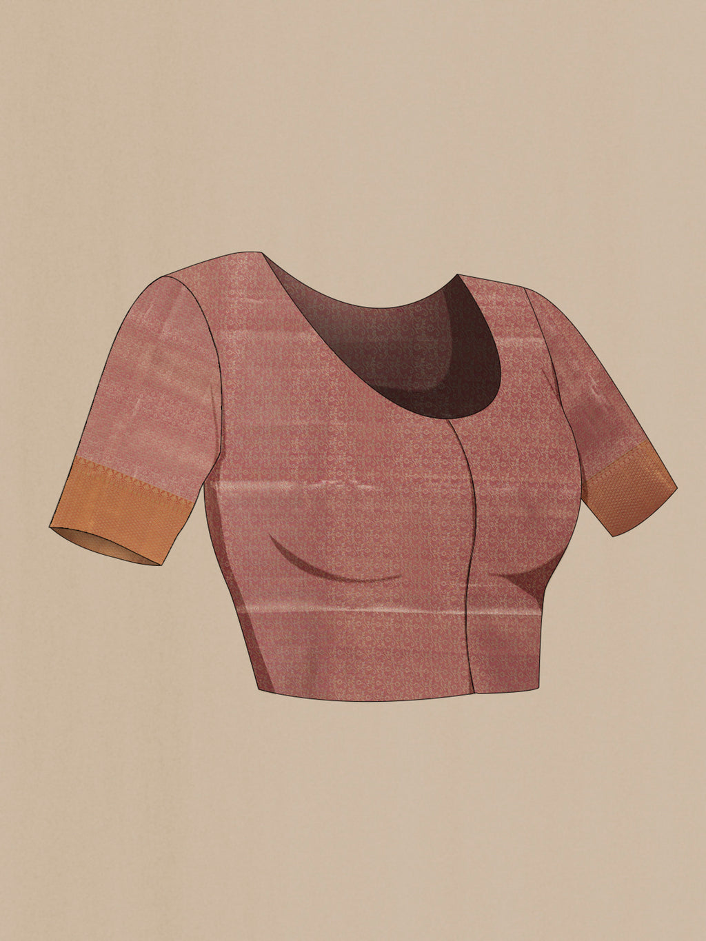 Close up image of the blouse of Rose Gold Kanchipuram Tissue Silk Saree with Zari Brocade on the body and Zari Border. 