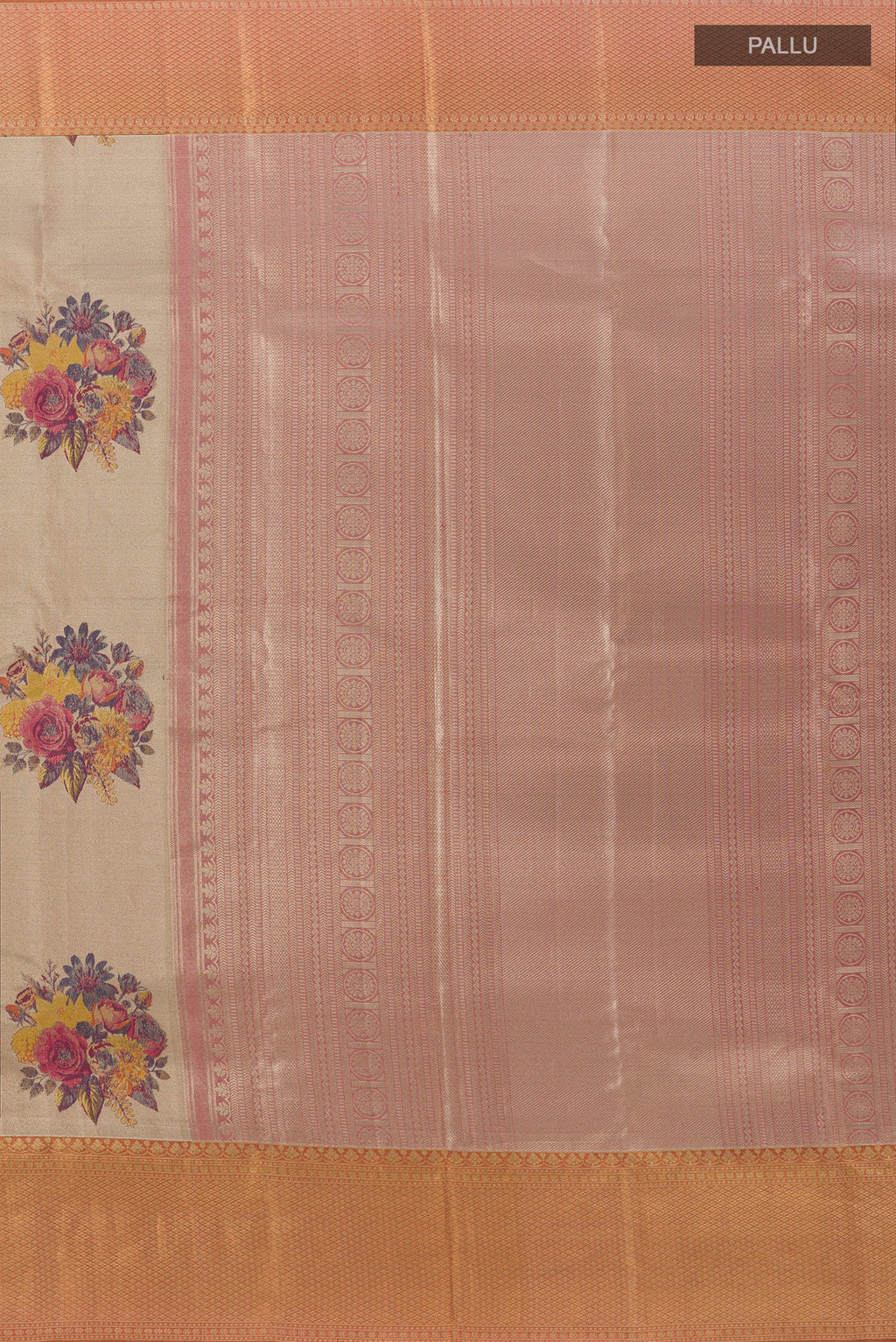 Close up image of the pallu of Rose Gold Kanchipuram Tissue Silk Saree with Zari Brocade on the body and Zari Border. 