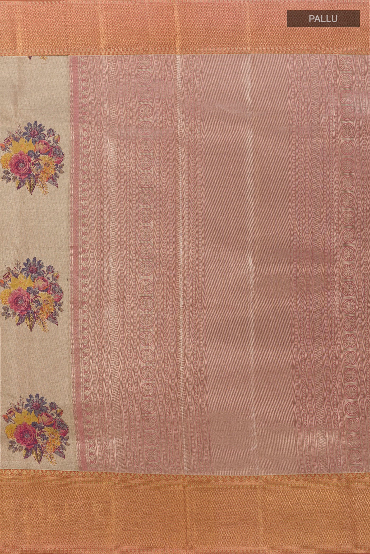 Close up image of the pallu of Rose Gold Kanchipuram Tissue Silk Saree with Zari Brocade on the body and Zari Border. 