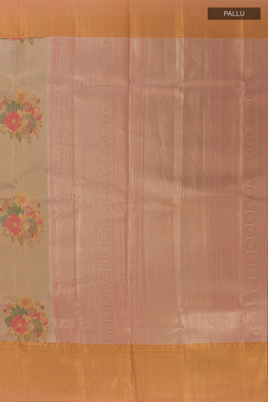 Close up image of the pallu of Golden Kanchipuram Tissue Silk Saree with Zari Brocade on the body and Zari Border. 
