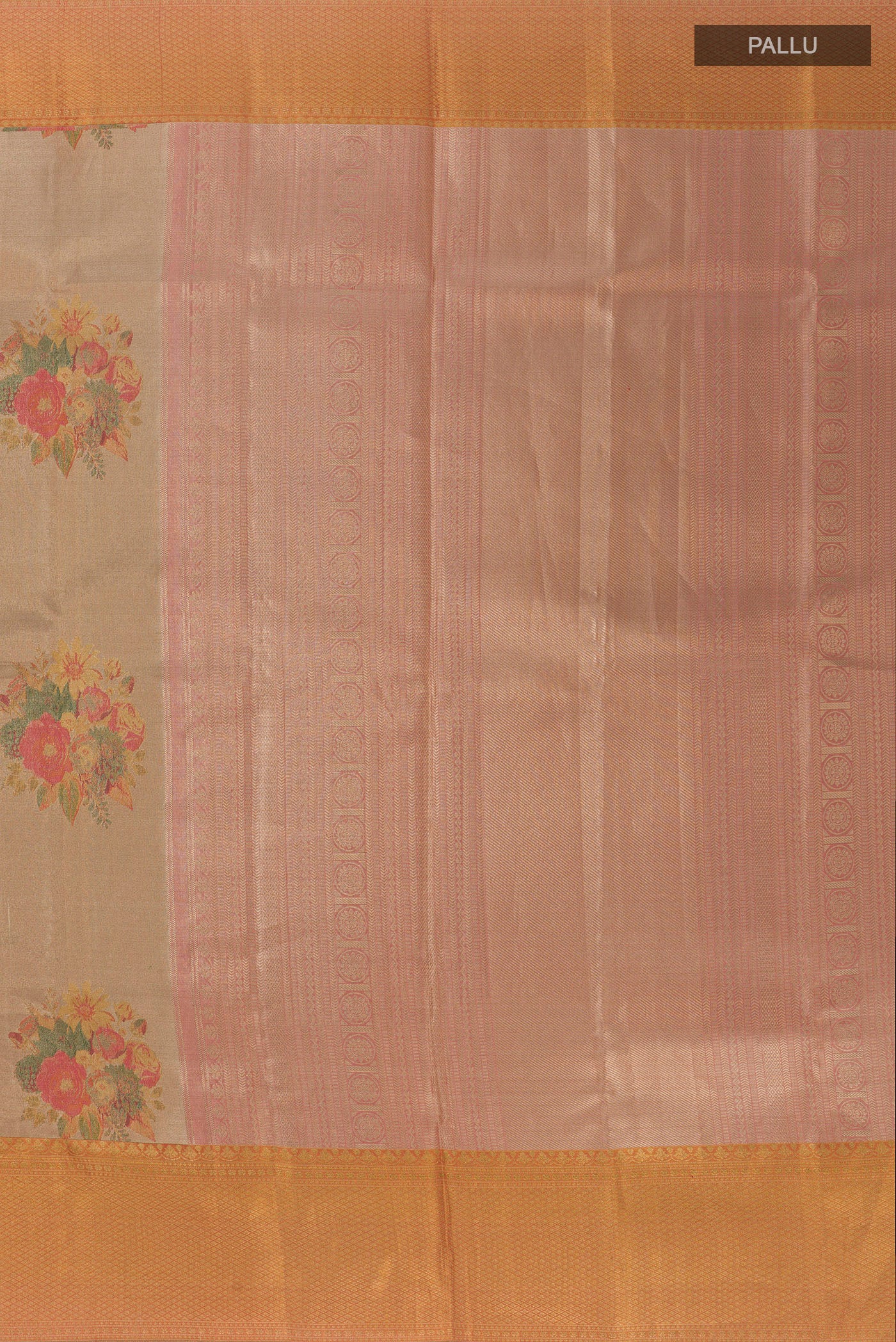 Close up image of the pallu of Golden Kanchipuram Tissue Silk Saree with Zari Brocade on the body and Zari Border. 