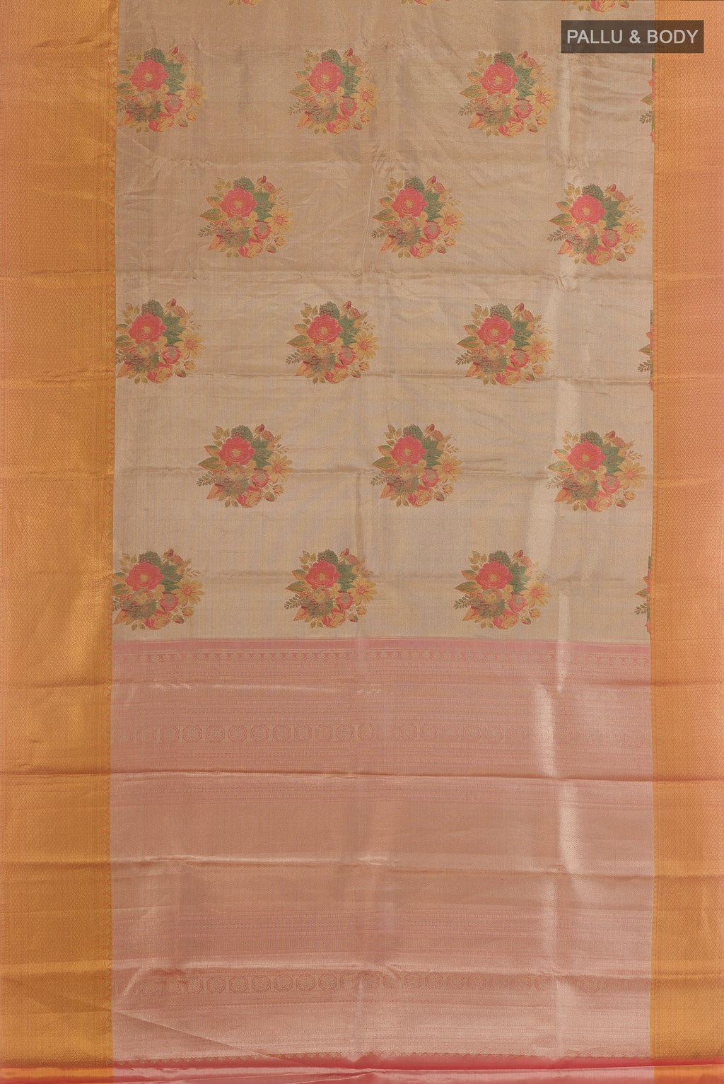 Flat view of Golden Kanchipuram Tissue Silk Saree with Zari Brocade on the body and Zari Border. 