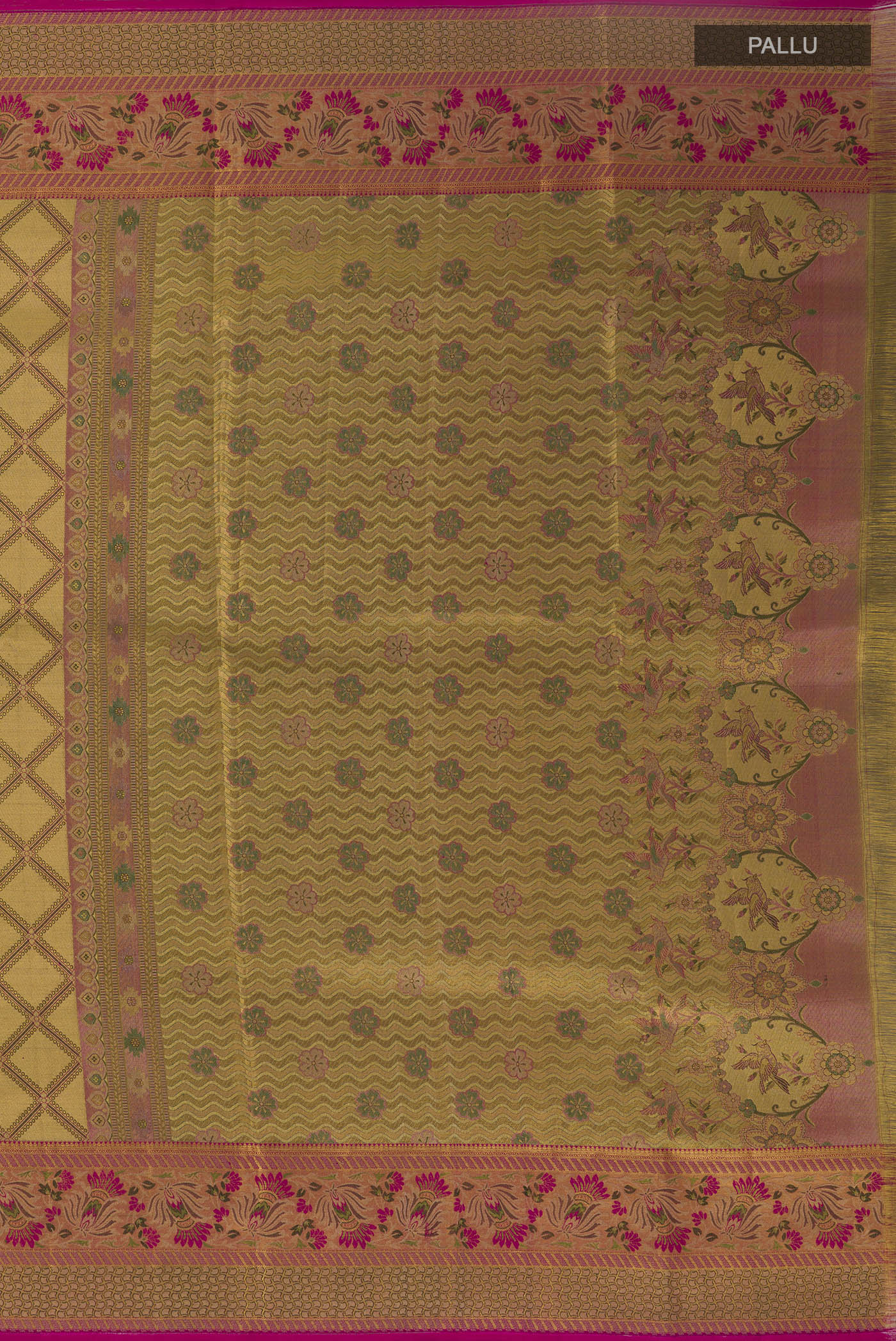Close up image of the pallu of Golden Kanchipuram Tissue Silk Saree with Zari Brocade on the body and Zari Border. 