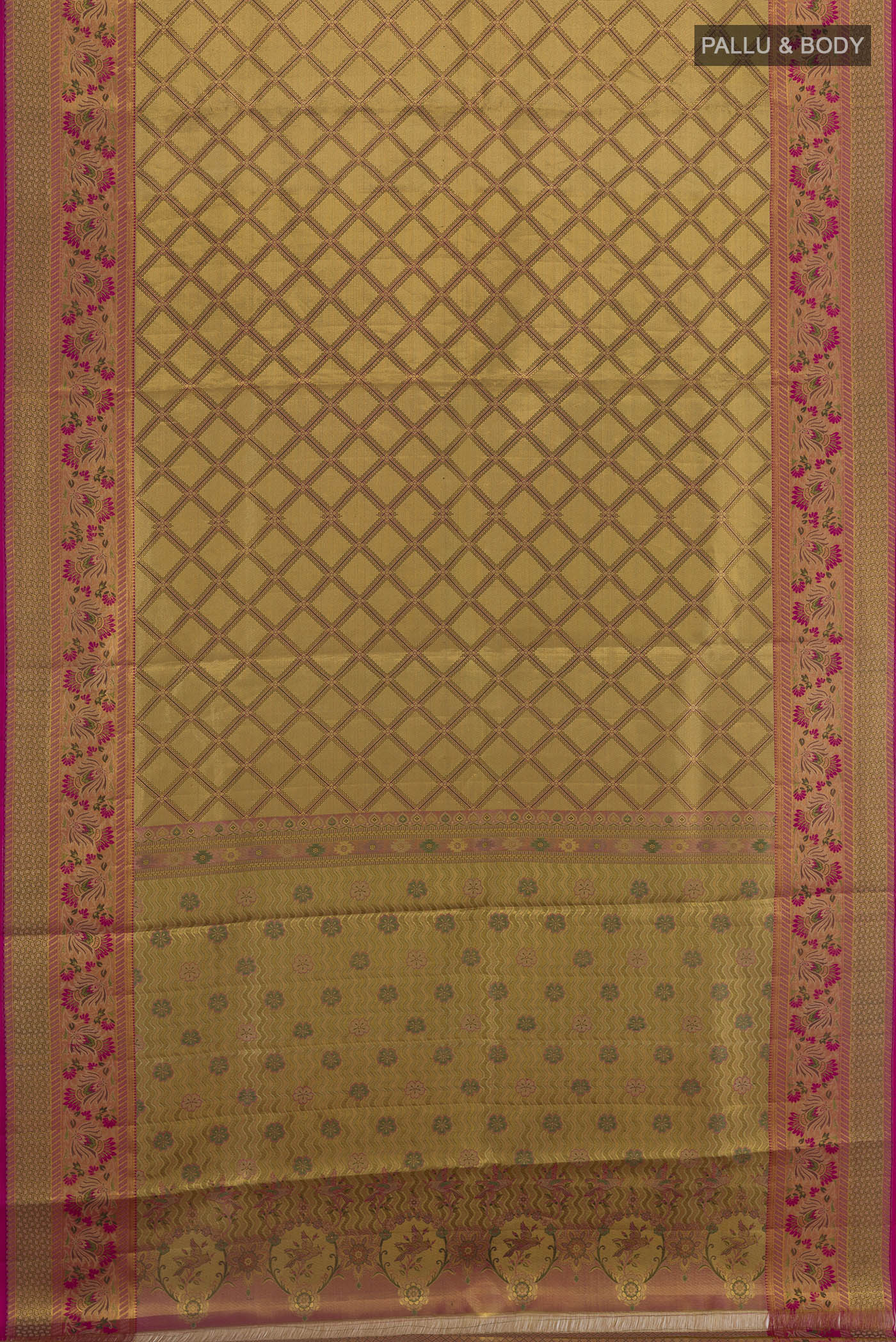 Flat view of Golden Kanchipuram Tissue Silk Saree with Zari Brocade on the body and Zari Border. 