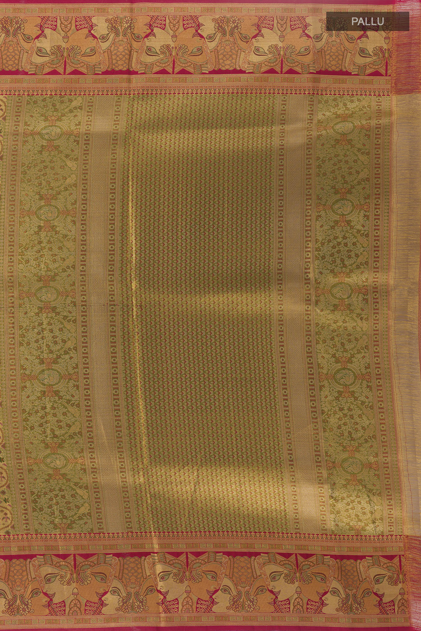 Close up image of the pallu of Golden Kanchipuram Tissue Silk Saree with Zari Brocade on the body and Zari Border. 