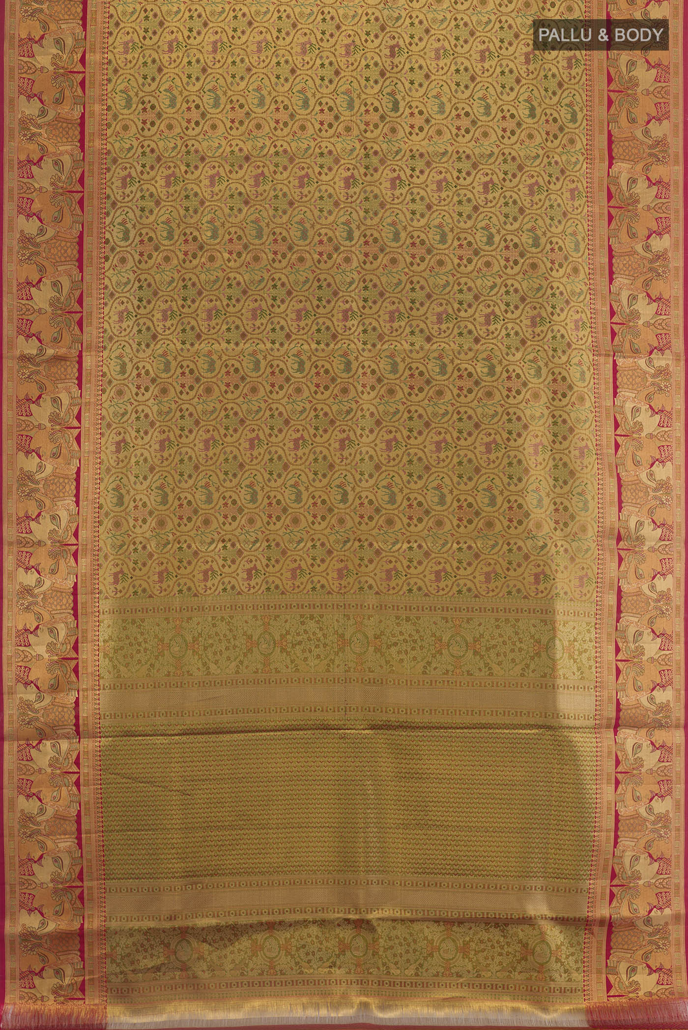 Flat view of Golden Kanchipuram Tissue Silk Saree with Zari Brocade on the body and Zari Border. 