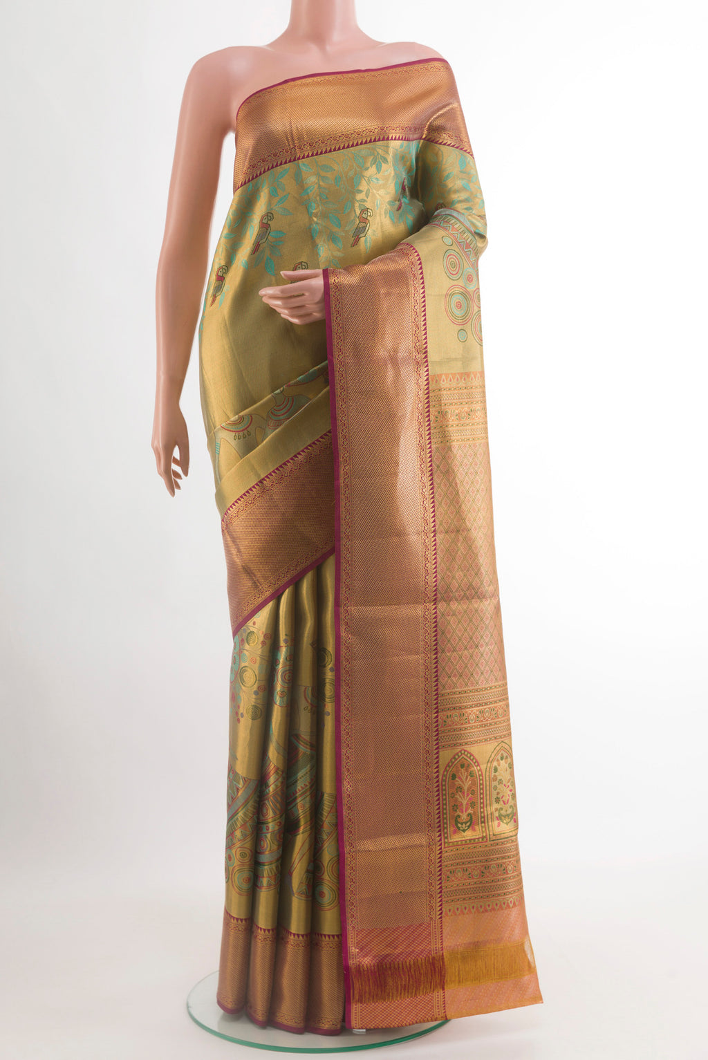 Golden Dual Tone Kanchipuram Tissue Silk Saree with Zari Brocade on the body and Zari Border.  displayed on a mannequin