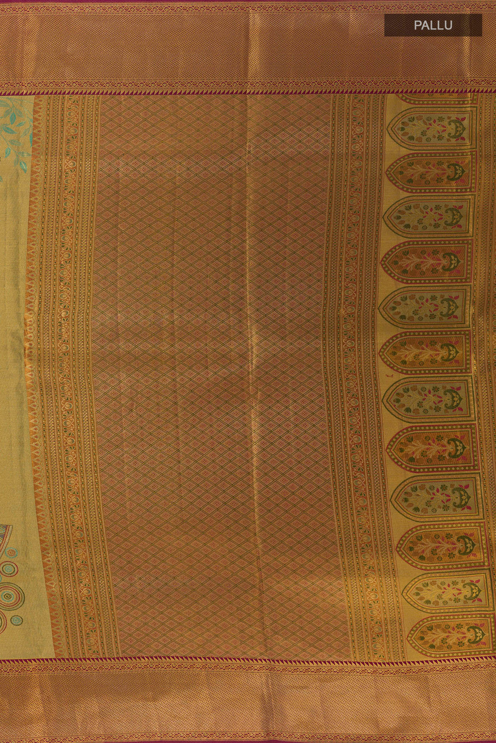 Close up image of the pallu of Golden Dual Tone Kanchipuram Tissue Silk Saree with Zari Brocade on the body and Zari Border. 