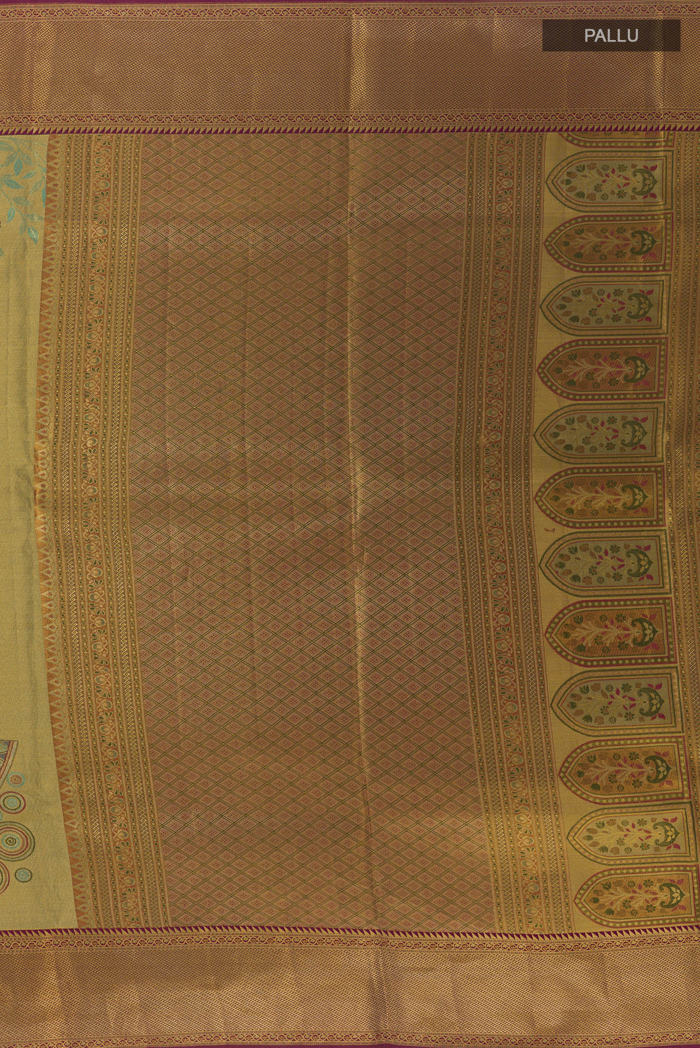 Close up image of the pallu of Golden Dual Tone Kanchipuram Tissue Silk Saree with Zari Brocade on the body and Zari Border. 