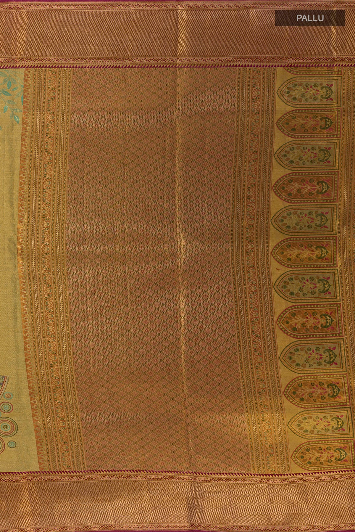 Close up image of the pallu of Golden Dual Tone Kanchipuram Tissue Silk Saree with Zari Brocade on the body and Zari Border. 