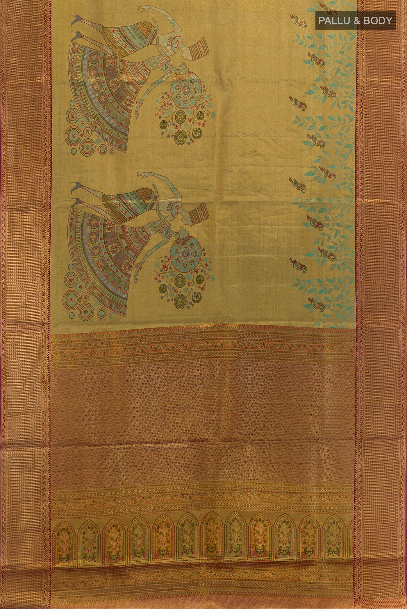 Flat view of Golden Dual Tone Kanchipuram Tissue Silk Saree with Zari Brocade on the body and Zari Border. 