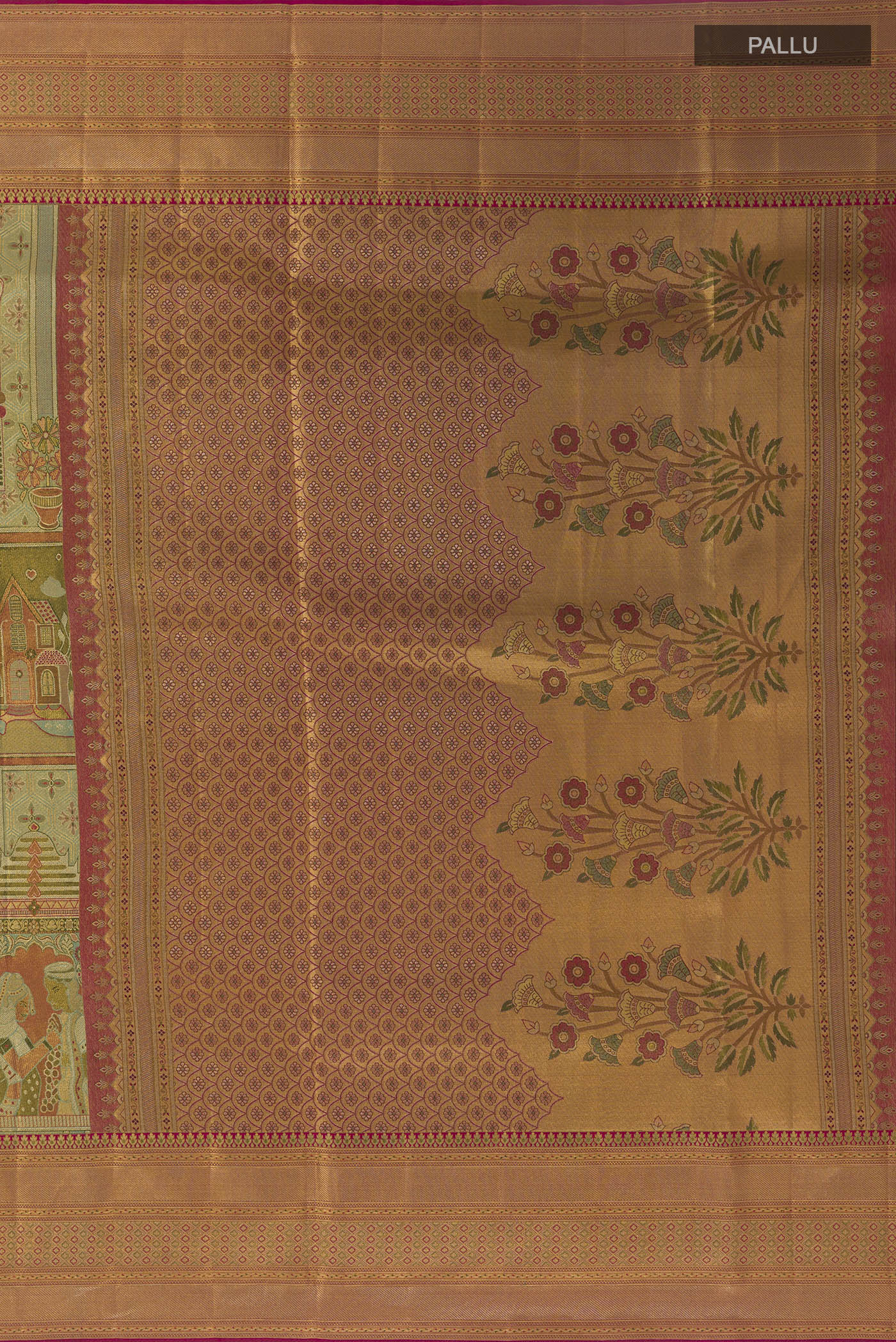 Close up image of the pallu of Sea Green Kanchipuram Tissue Silk Saree with Zari Brocade on the body and Zari Border. 