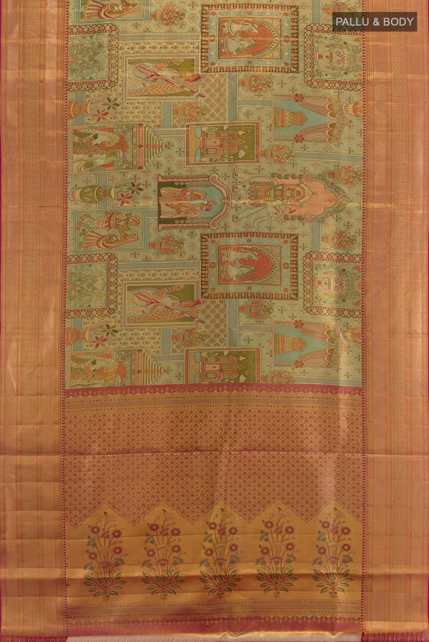 Flat view of Sea Green Kanchipuram Tissue Silk Saree with Zari Brocade on the body and Zari Border. 