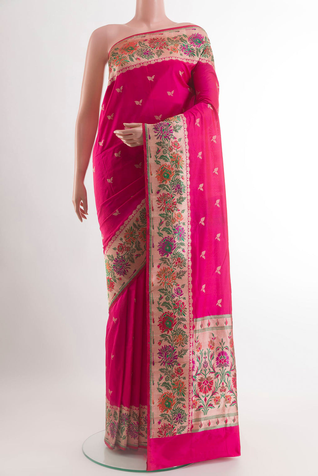 Pink Banarasi Silk Saree with Zari Butta on the body and Fancy Border.  displayed on a mannequin