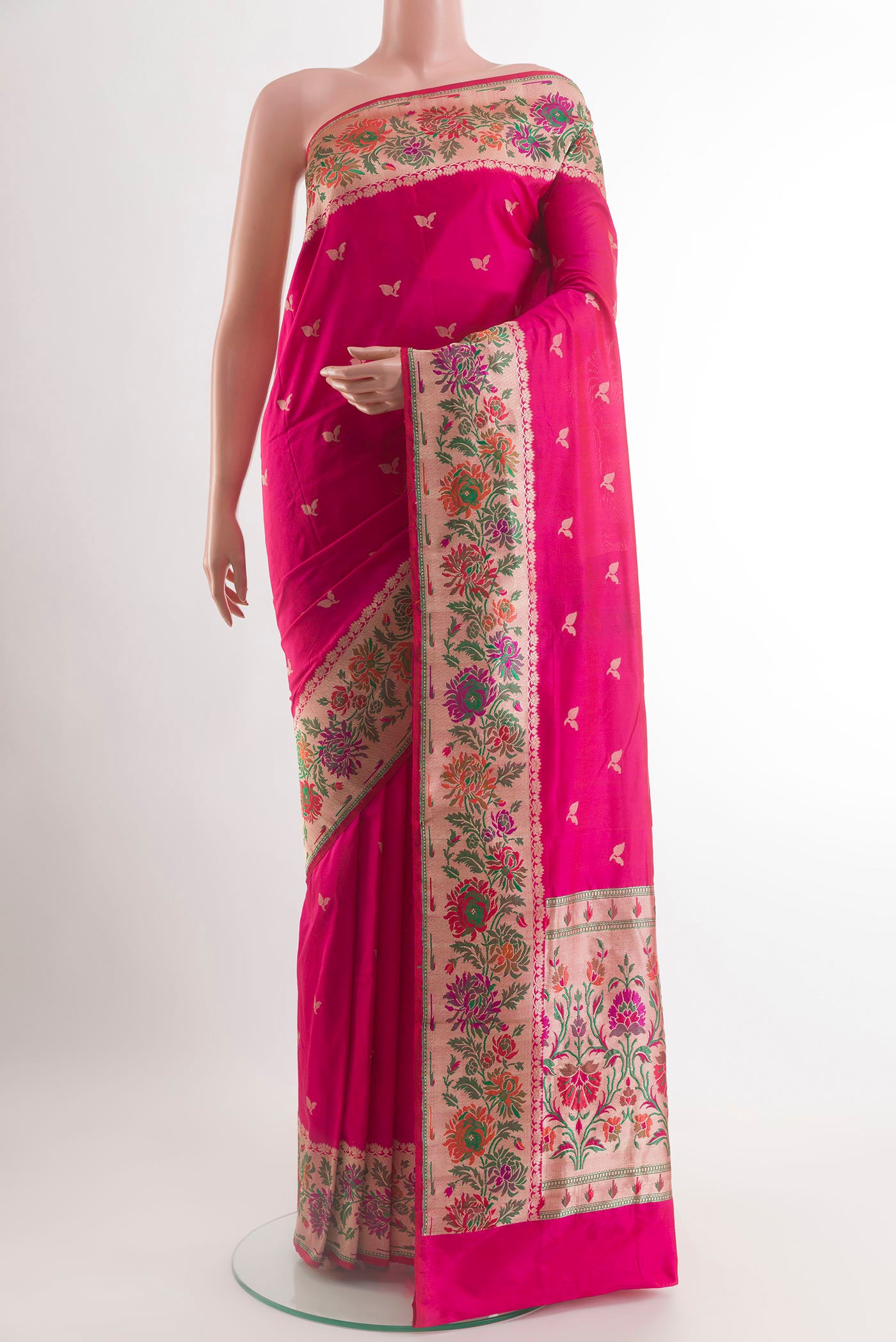 Pink Banarasi Silk Saree with Zari Butta on the body and Fancy Border.  displayed on a mannequin