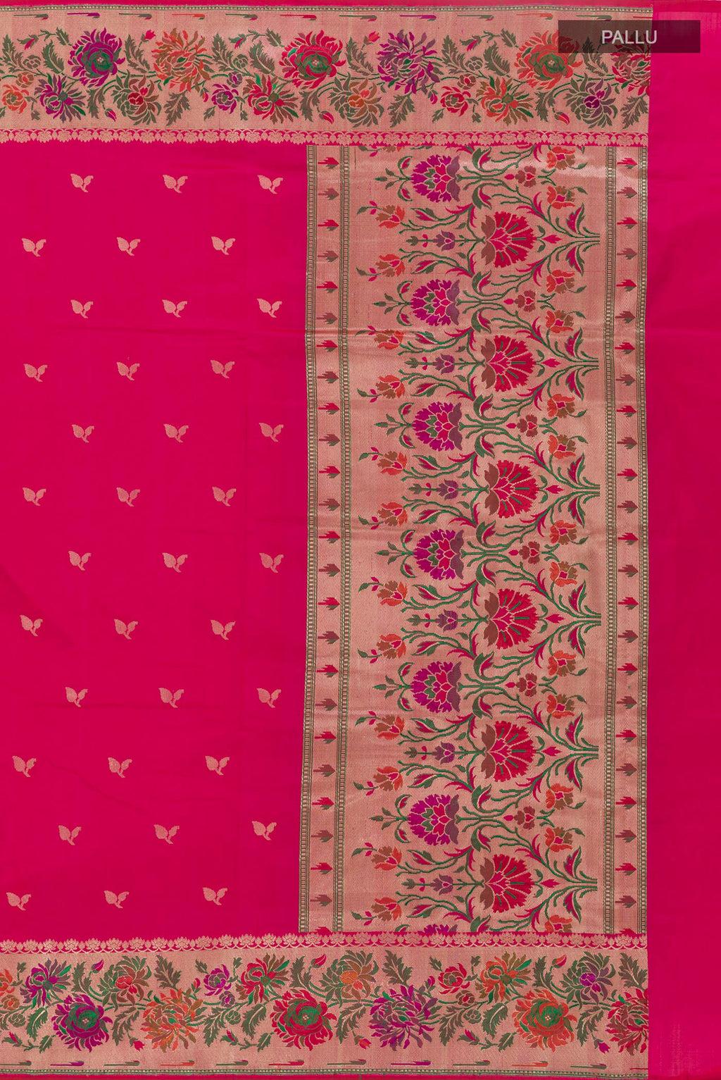 Close up image of the pallu of Pink Banarasi Silk Saree with Zari Butta on the body and Fancy Border. 