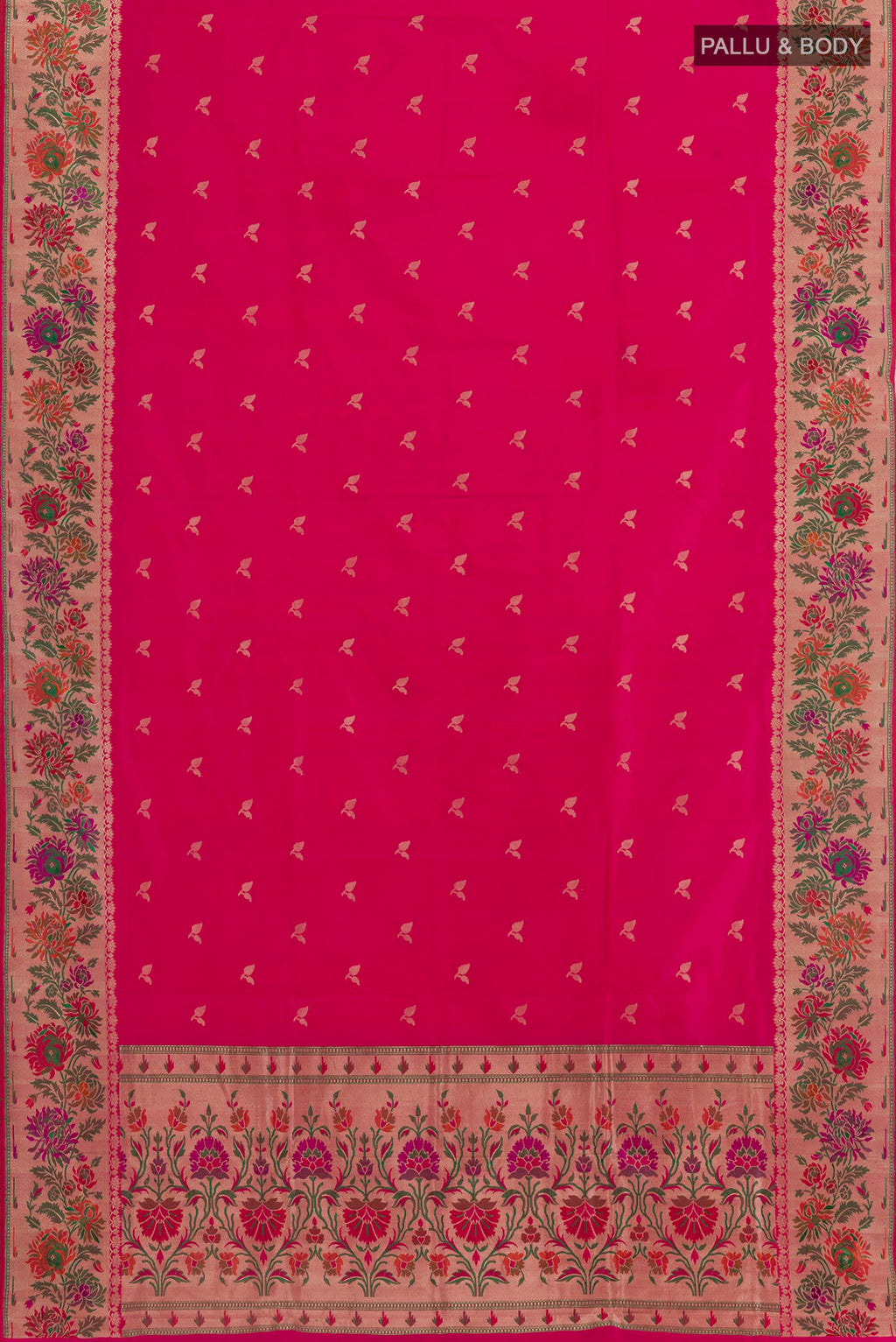 Flat view of Pink Banarasi Silk Saree with Zari Butta on the body and Fancy Border. 