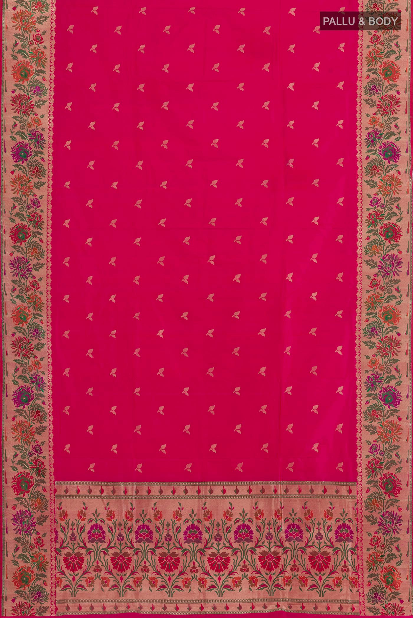 Flat view of Pink Banarasi Silk Saree with Zari Butta on the body and Fancy Border. 