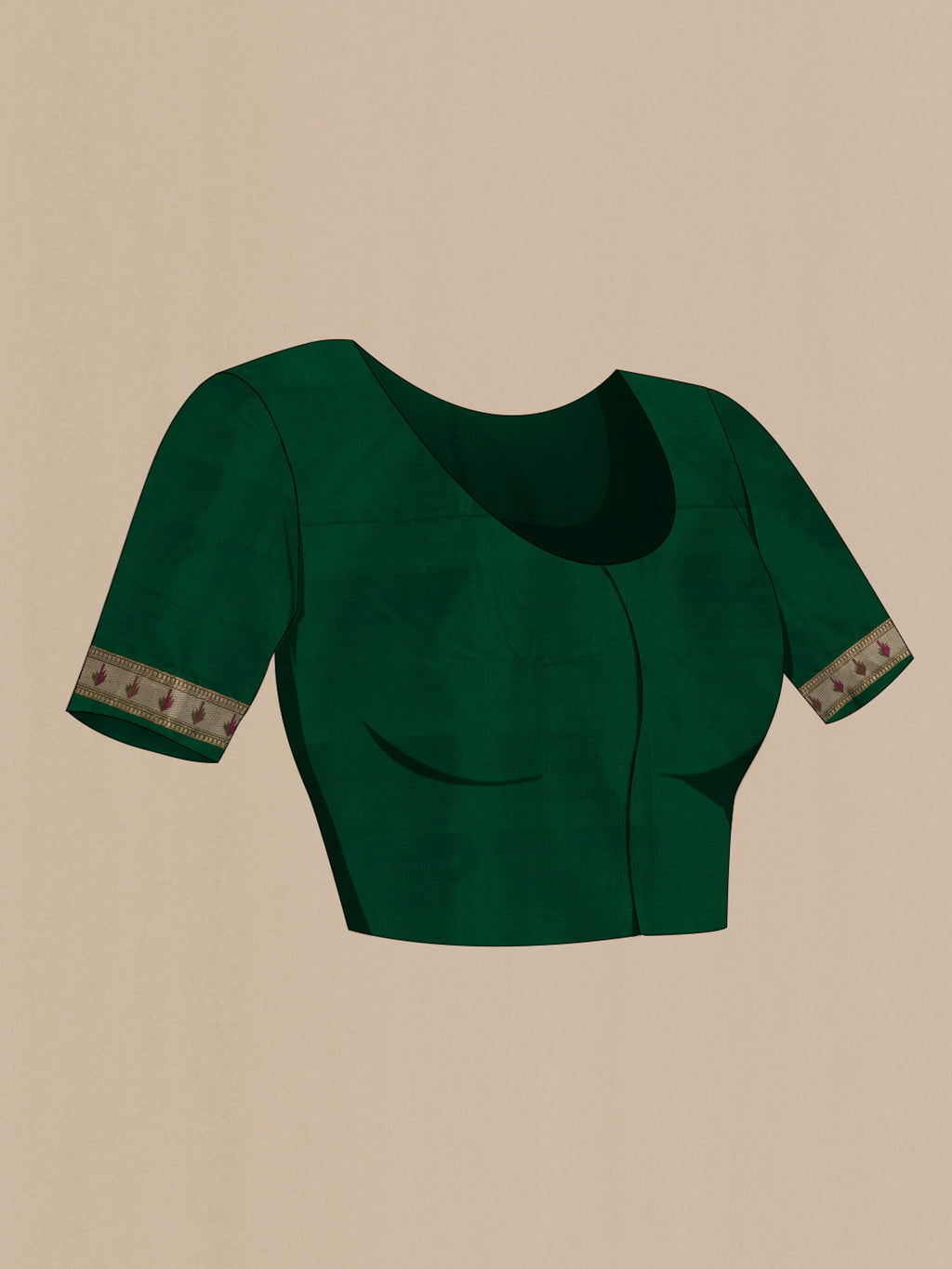 Close up image of the blouse of Bottle Green Banarasi Silk Saree with Zari Butta on the body and Zari Border. 