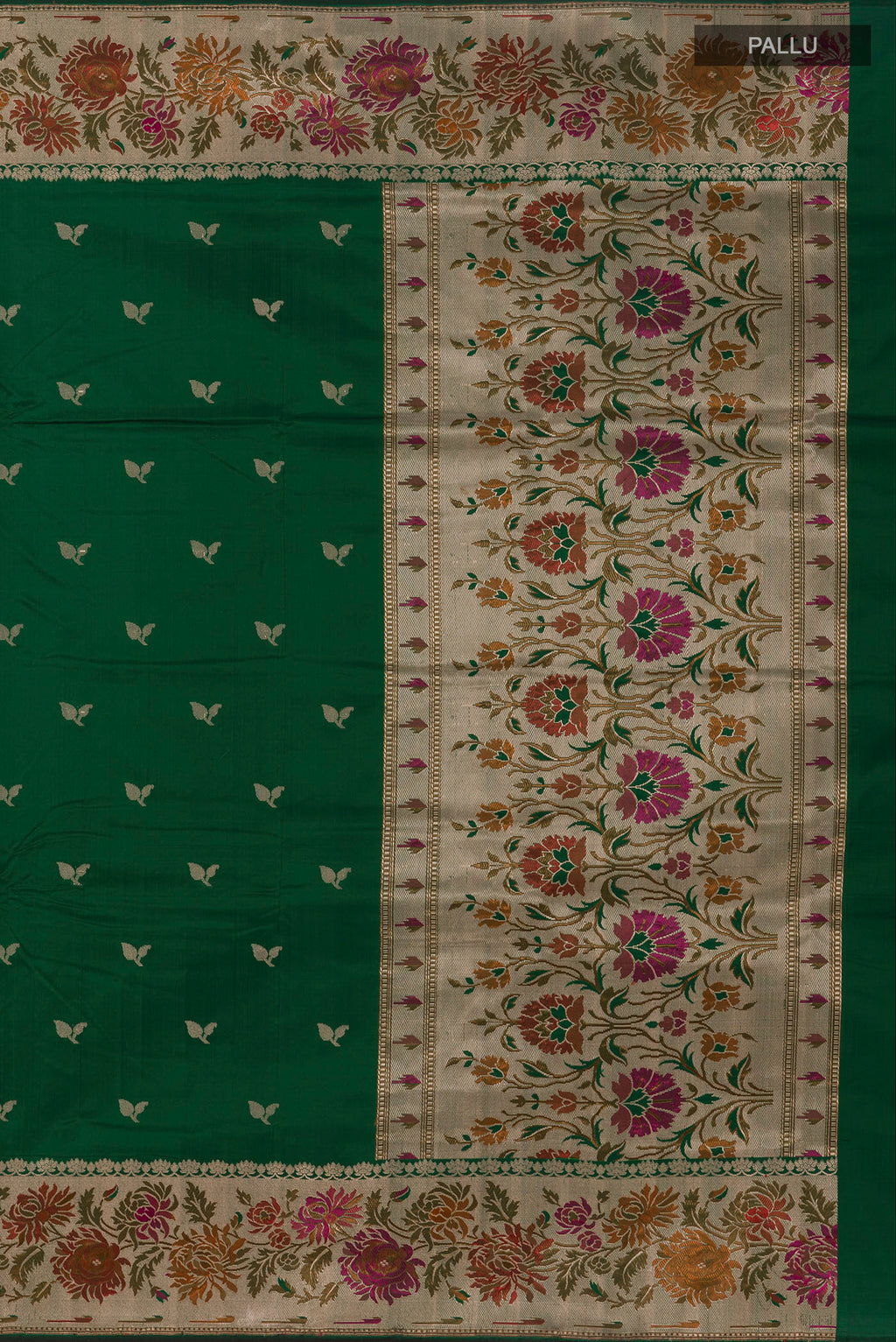Close up image of the pallu of Bottle Green Banarasi Silk Saree with Zari Butta on the body and Zari Border. 