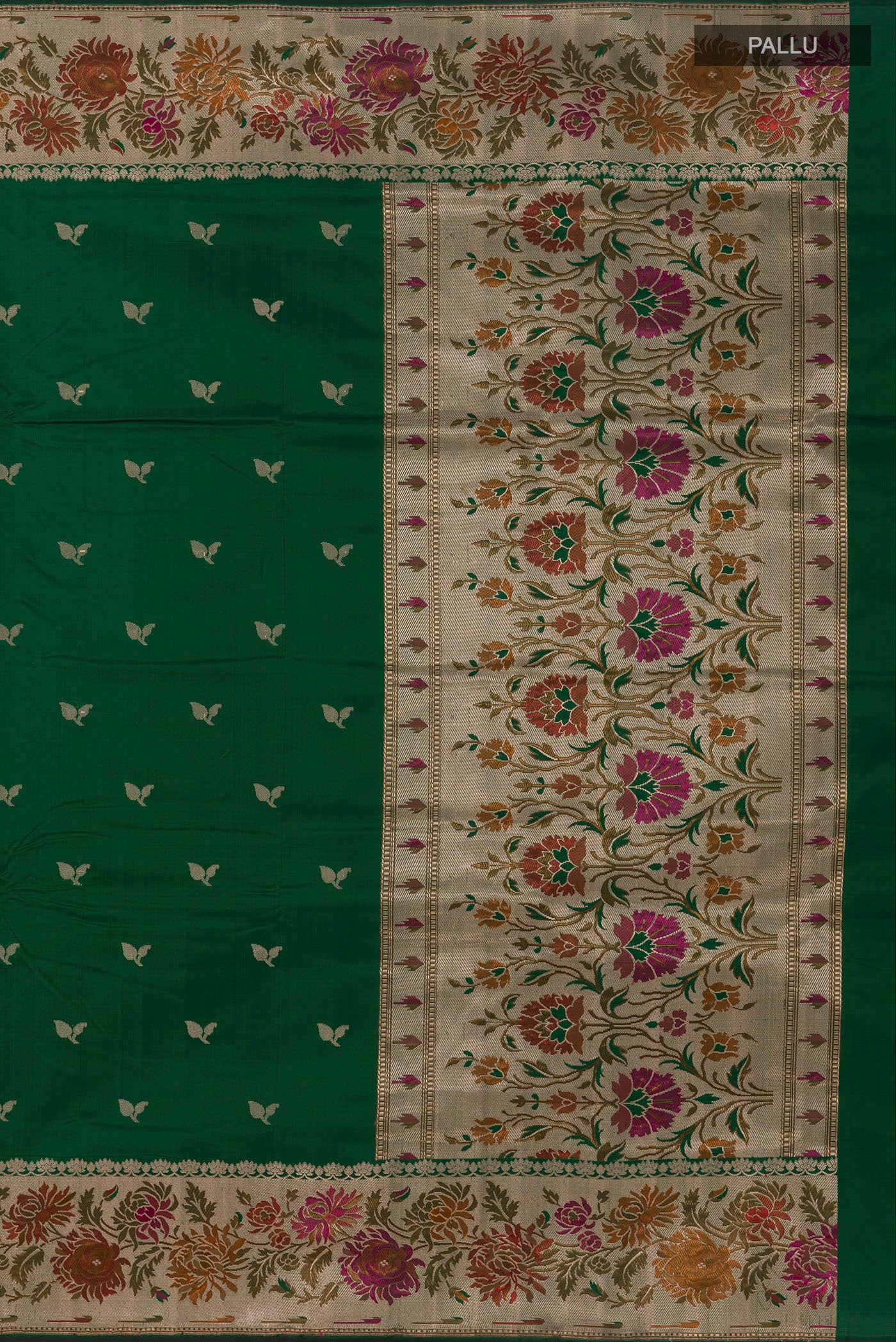 Close up image of the pallu of Bottle Green Banarasi Silk Saree with Zari Butta on the body and Zari Border. 