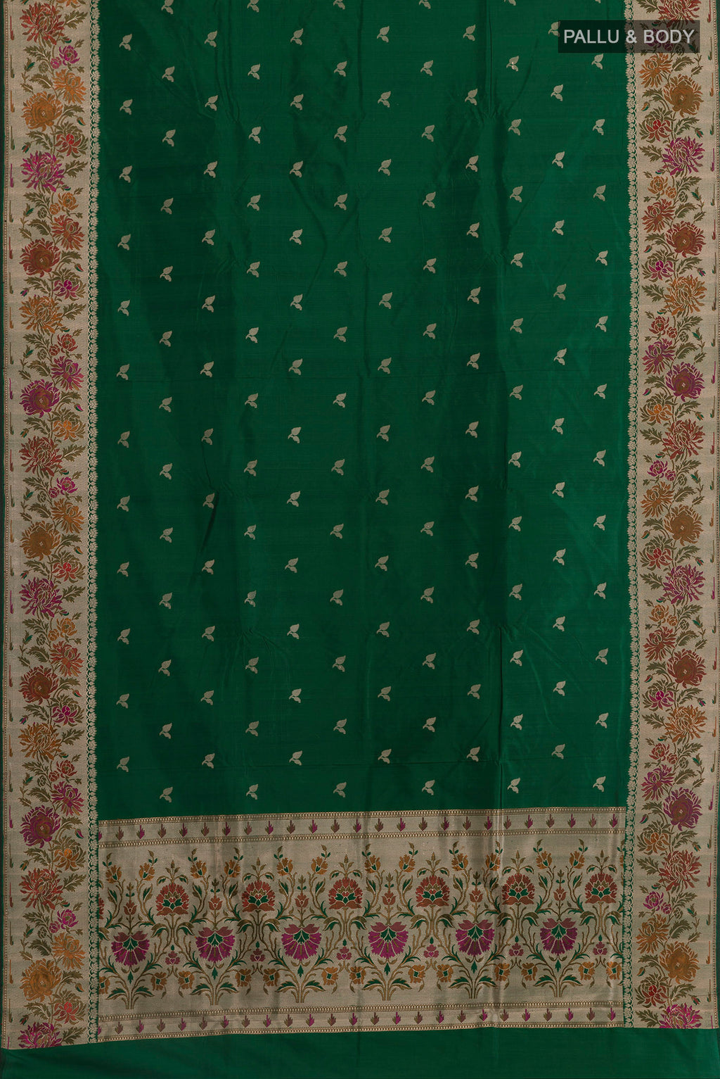 Flat view of Bottle Green Banarasi Silk Saree with Zari Butta on the body and Zari Border. 