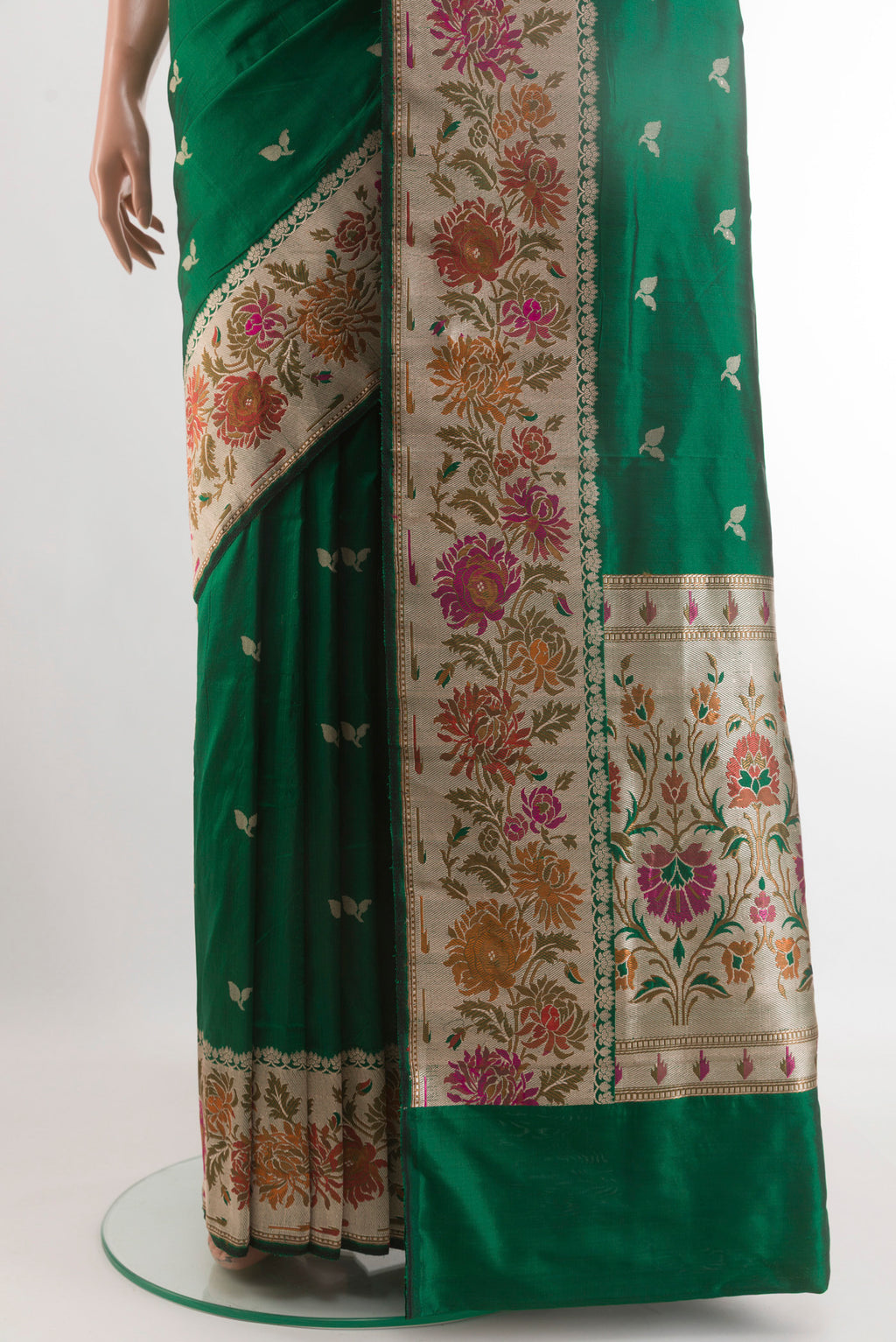 Pleats and pallu of Bottle Green Banarasi Silk Saree with Zari Butta on the body and Zari Border. 