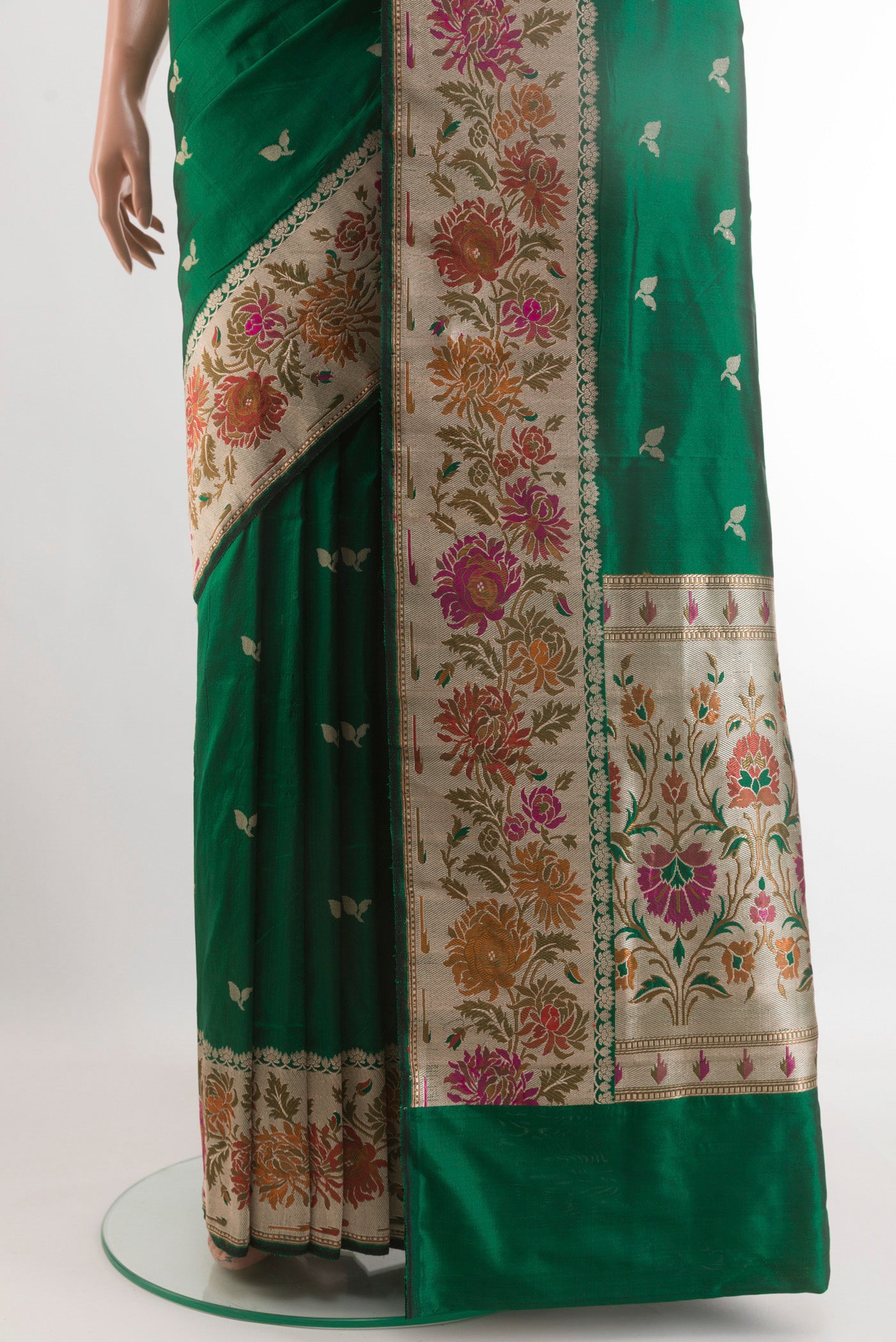 Pleats and pallu of Bottle Green Banarasi Silk Saree with Zari Butta on the body and Zari Border. 