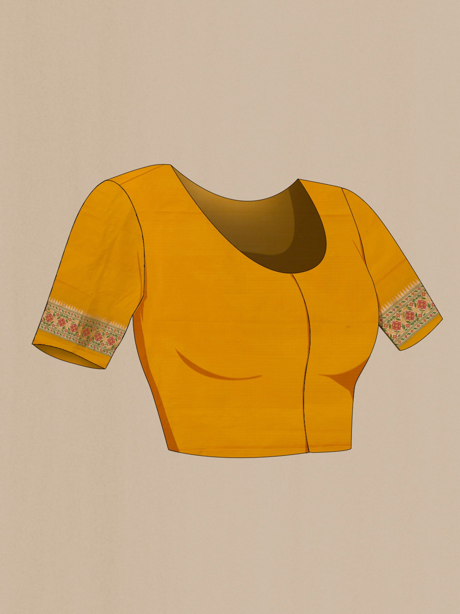 Close up image of the blouse of Yellow Banarasi Silk Saree with Zari Brocade on the body and Paithani Border. 