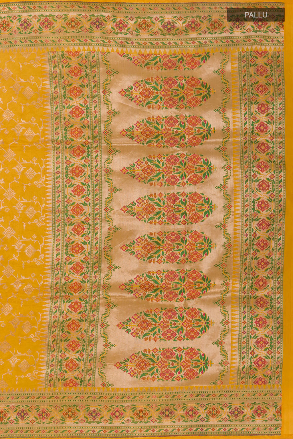 Close up image of the pallu of Yellow Banarasi Silk Saree with Zari Brocade on the body and Paithani Border. 