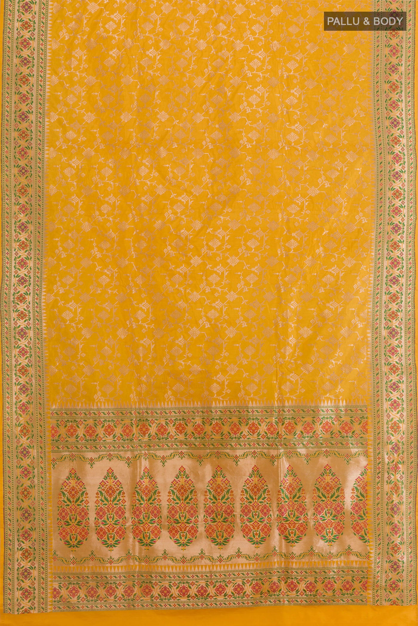 Flat view of Yellow Banarasi Silk Saree with Zari Brocade on the body and Paithani Border. 