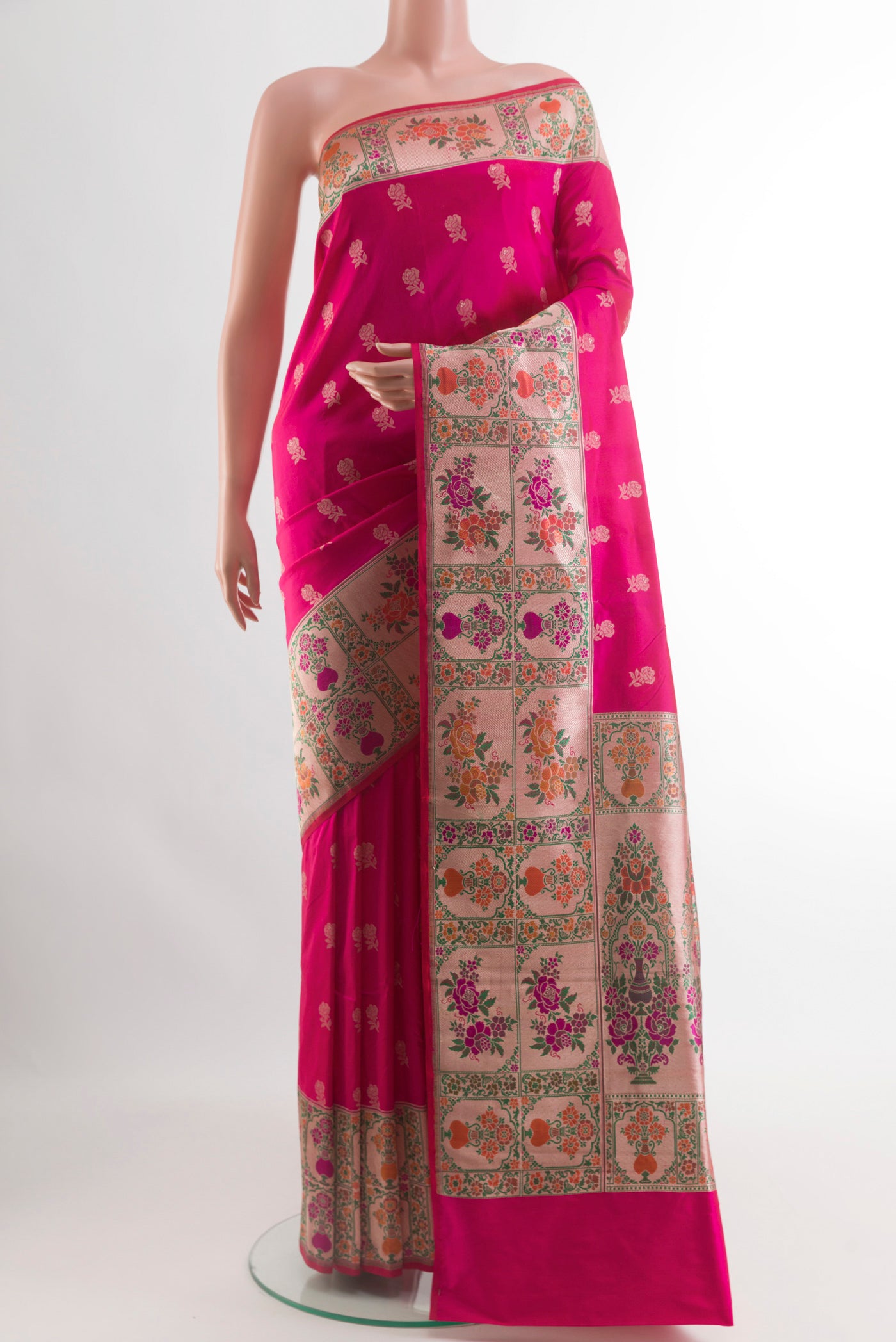 Pink Banarasi Silk Saree with Zari Butta on the body and Paithani Border.  displayed on a mannequin