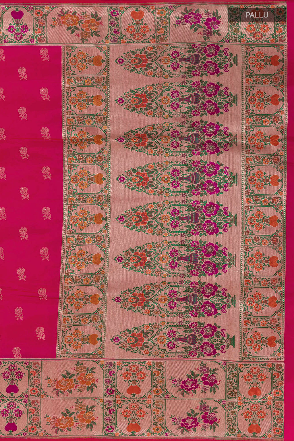 Close up image of the pallu of Pink Banarasi Silk Saree with Zari Butta on the body and Paithani Border. 