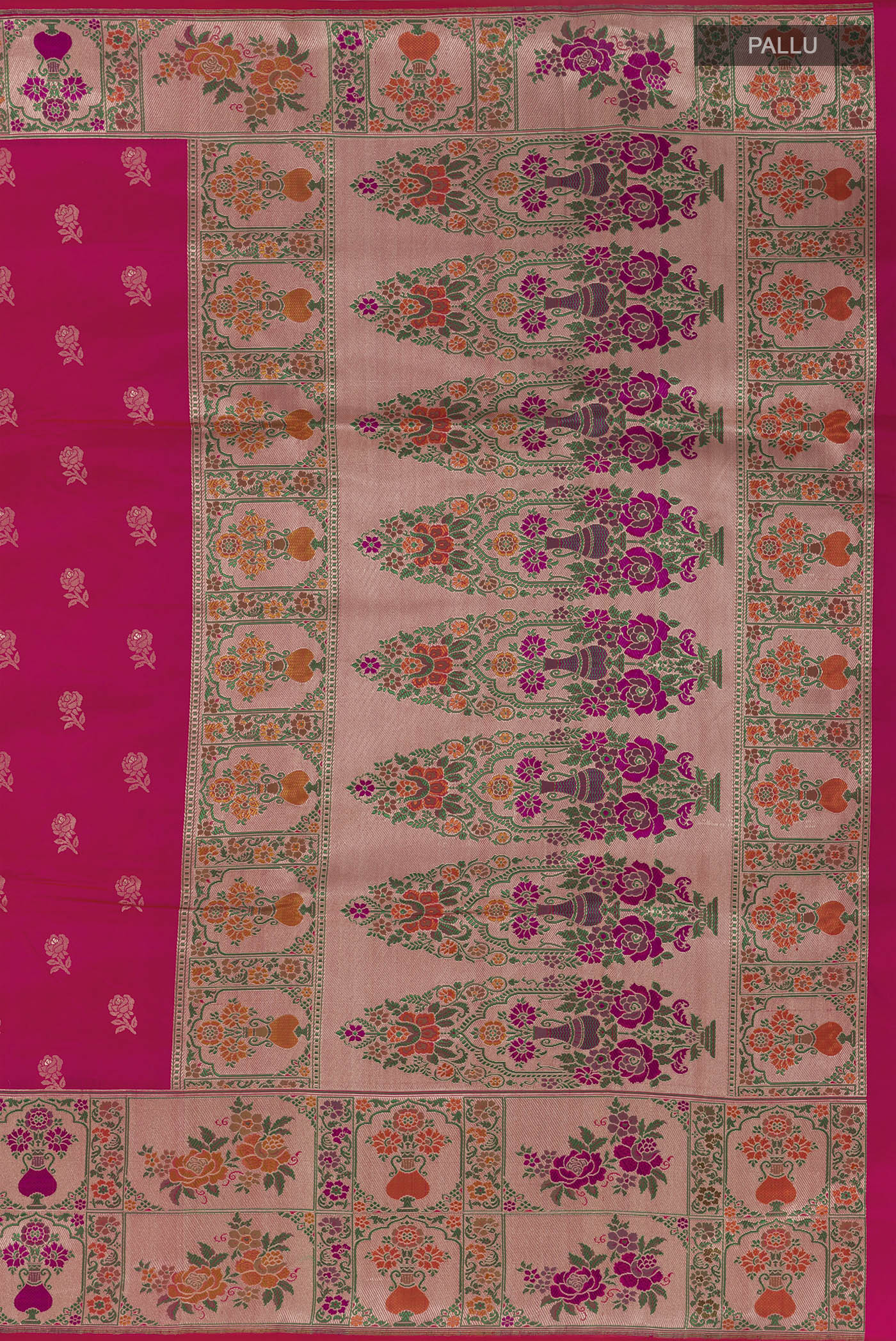 Close up image of the pallu of Pink Banarasi Silk Saree with Zari Butta on the body and Paithani Border. 
