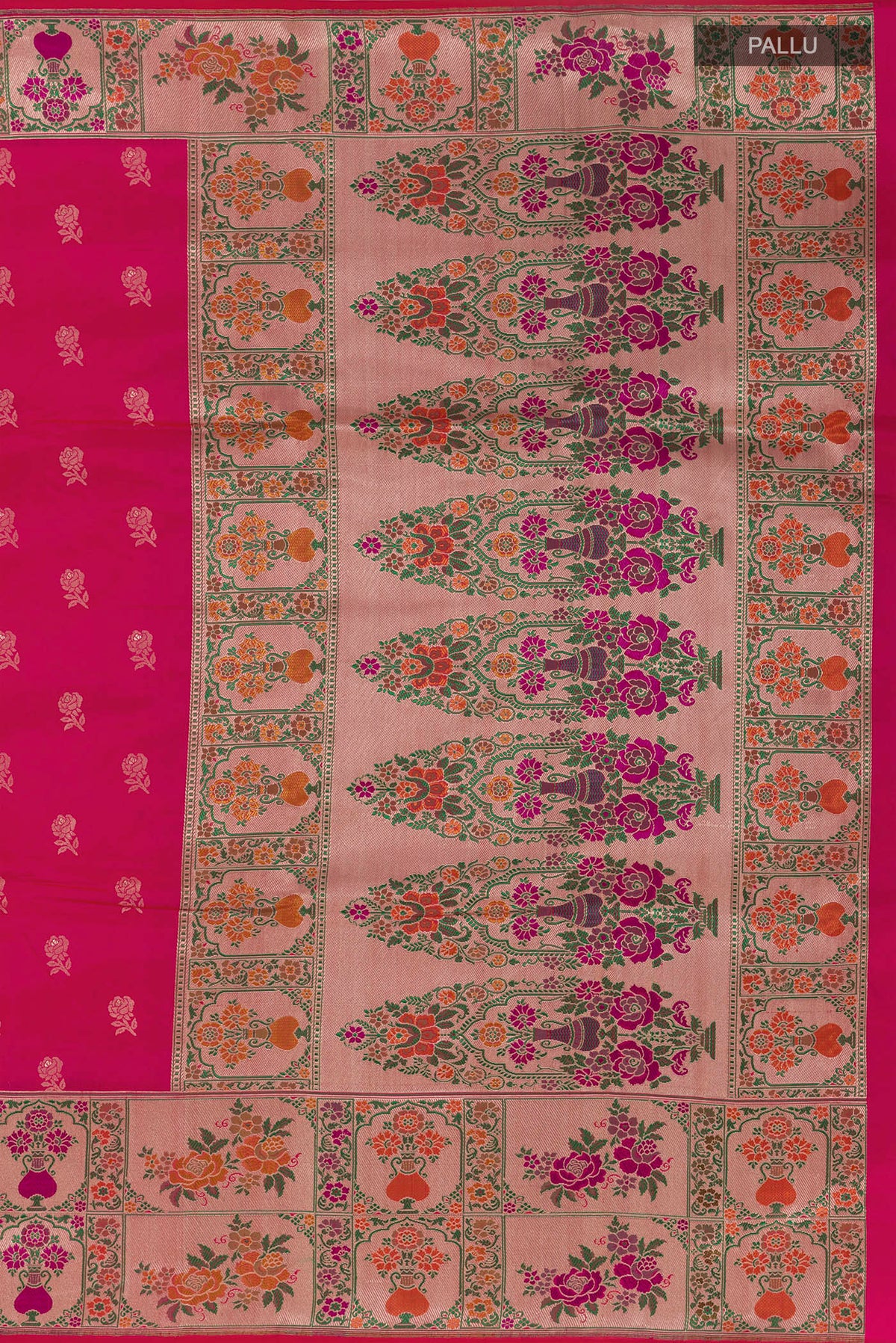 Close up image of the pallu of Pink Banarasi Silk Saree with Zari Butta on the body and Paithani Border. 